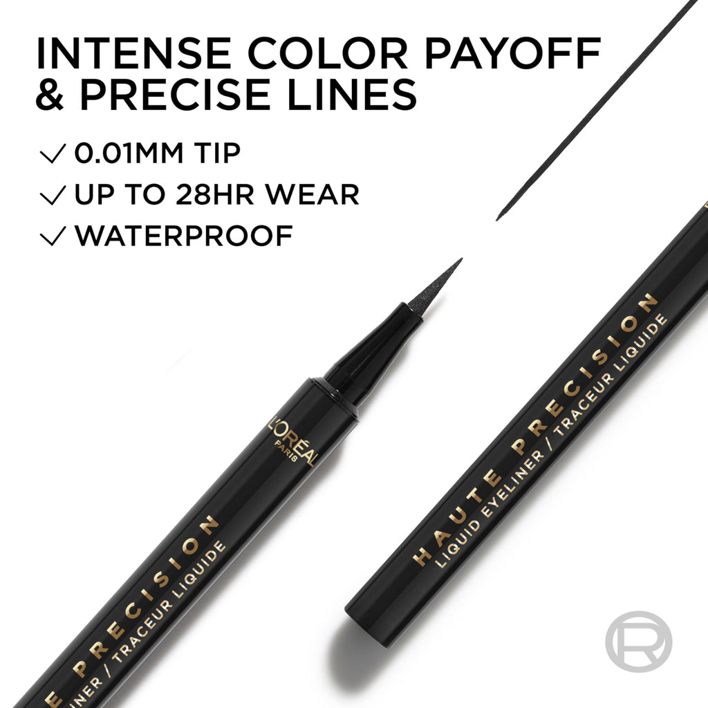 L'Oreal Paris Haute Precision Waterproof Liquid Eyeliner – Micro-Tip, 28HR Wear, 010 Black Silk