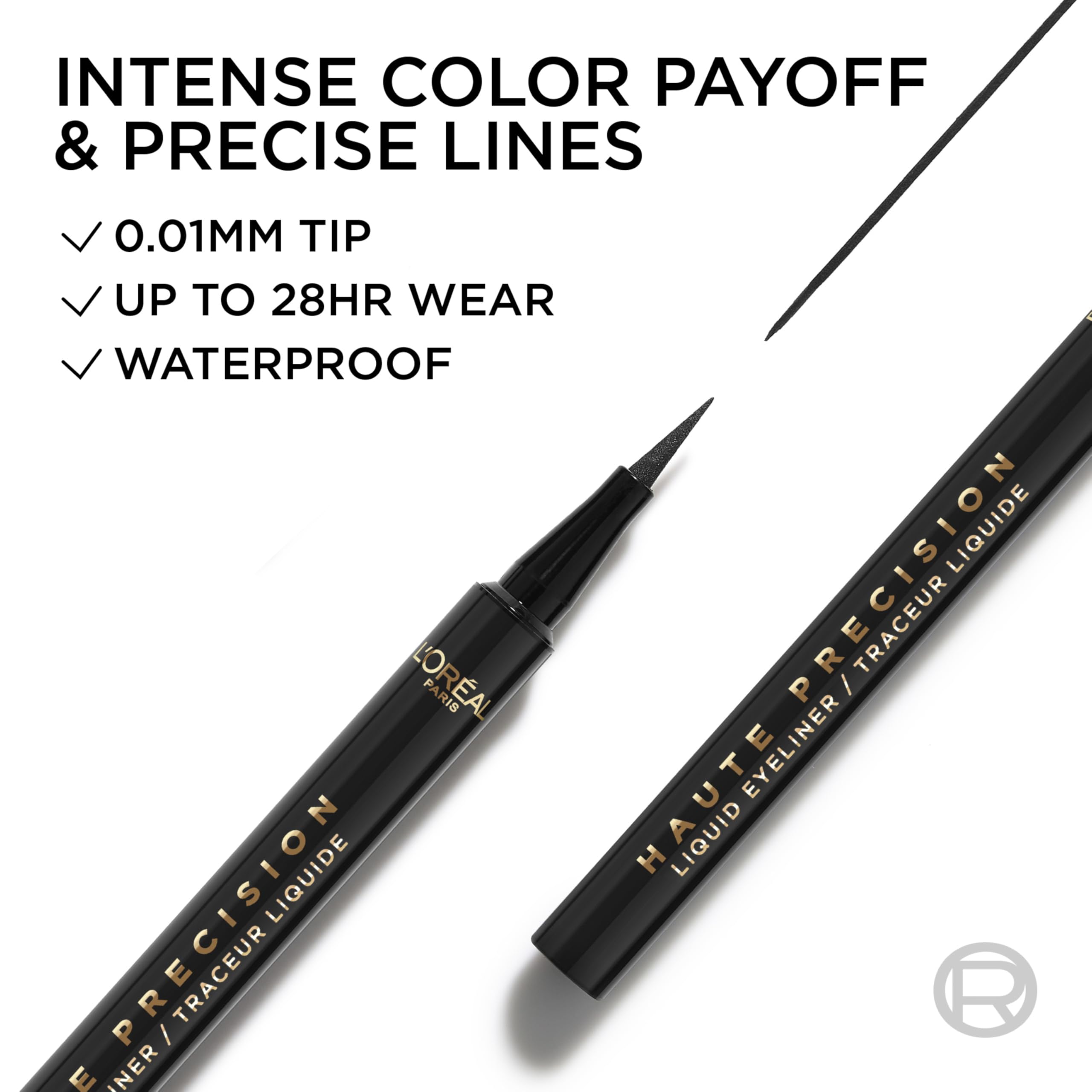 L'Oreal Paris Haute Precision Waterproof Liquid Eyeliner – Micro-Tip, 28HR Wear, 010 Black Silk