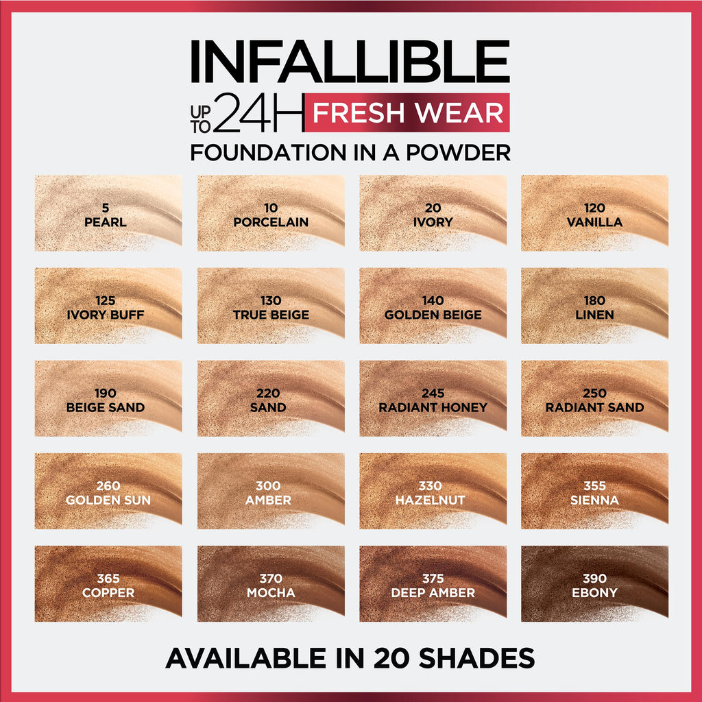 L'Oreal Paris Infallible Fresh Wear Foundation in a Powder - Up to 24H Wear, Waterproof, Beige Sand