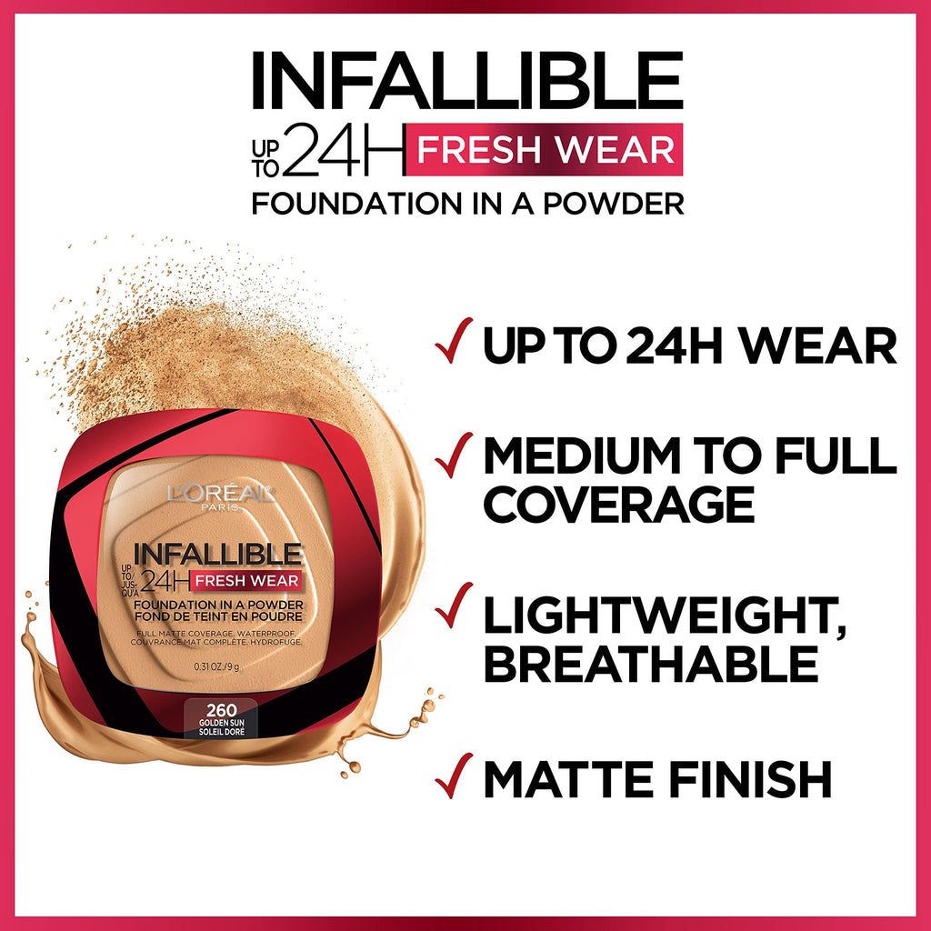 L'Oreal Paris Infallible Fresh Wear Powder Foundation — Up to 24H Matte, Waterproof, Radiant Sand (0.31 oz)