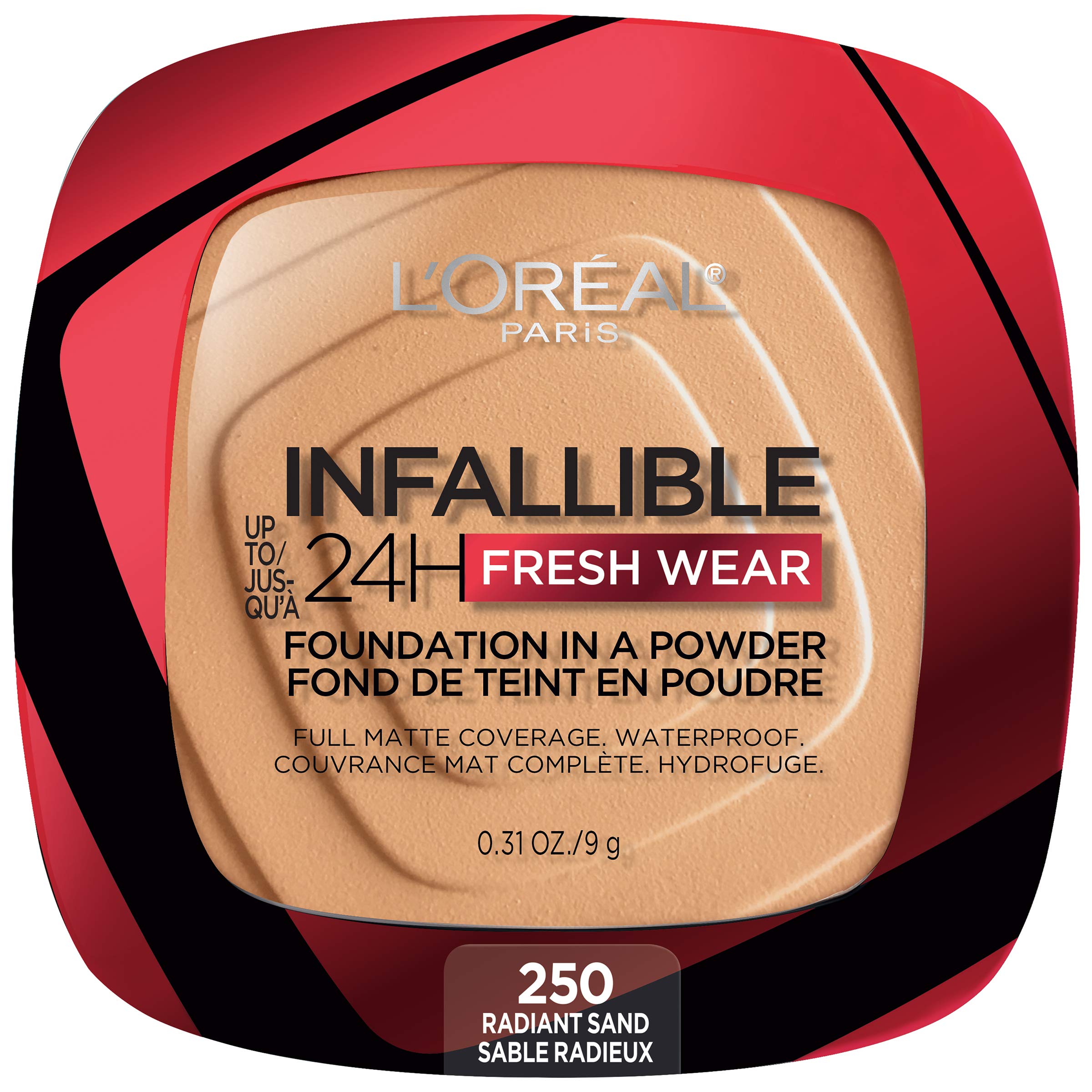 L'Oreal Paris Infallible Fresh Wear Powder Foundation — Up to 24H Matte, Waterproof, Radiant Sand (0.31 oz)