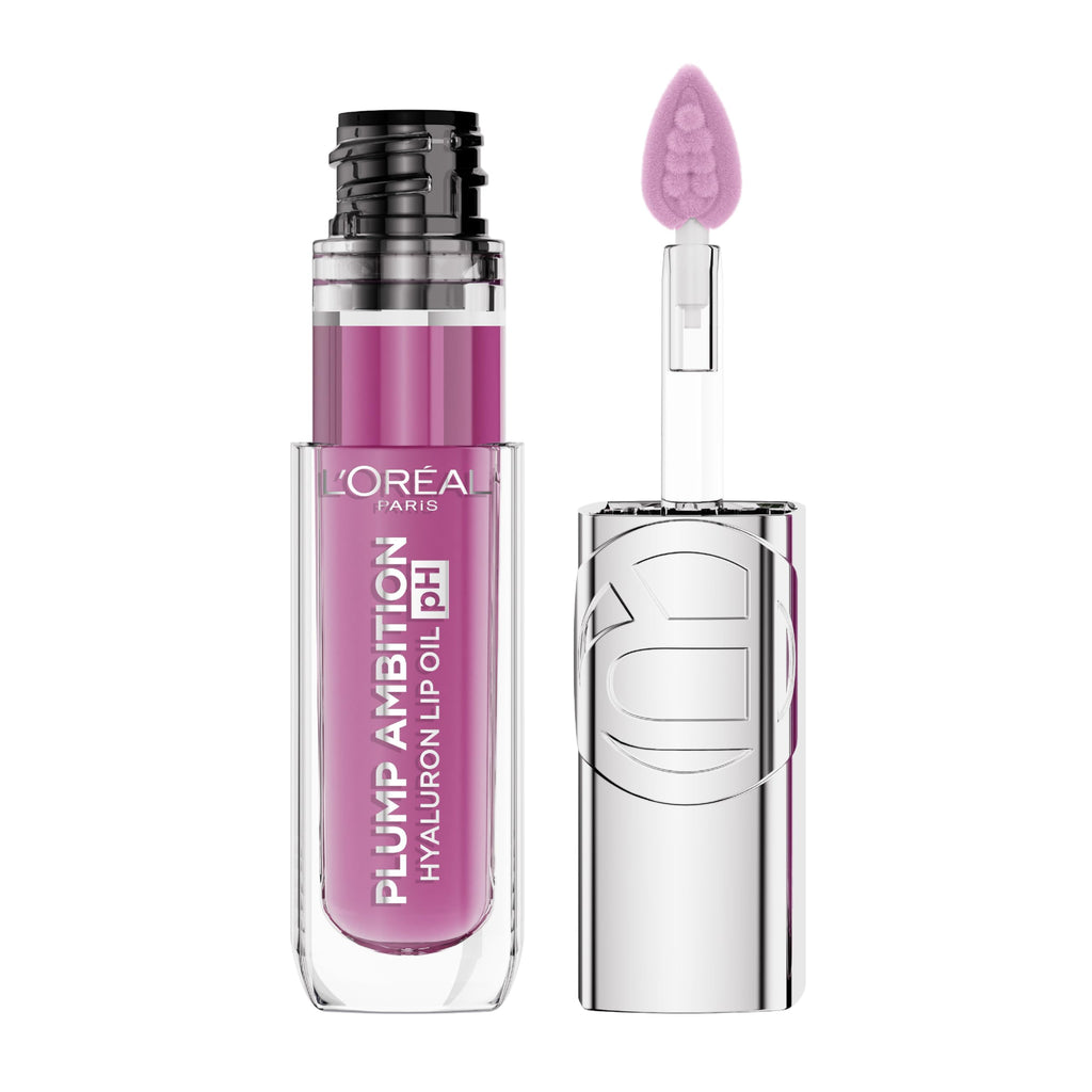 L'Oreal Paris Plump Ambition pH Hyaluron Lip Oil – 24HR Hydration, Color-Changing Shine, 050 Lilac
