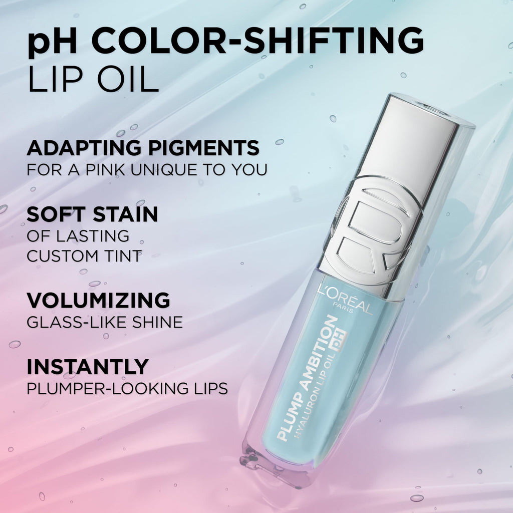 L'Oreal Paris Plump Ambition pH Hyaluron Lip Oil – 24HR Hydration, Color-Changing Shine, 050 Lilac