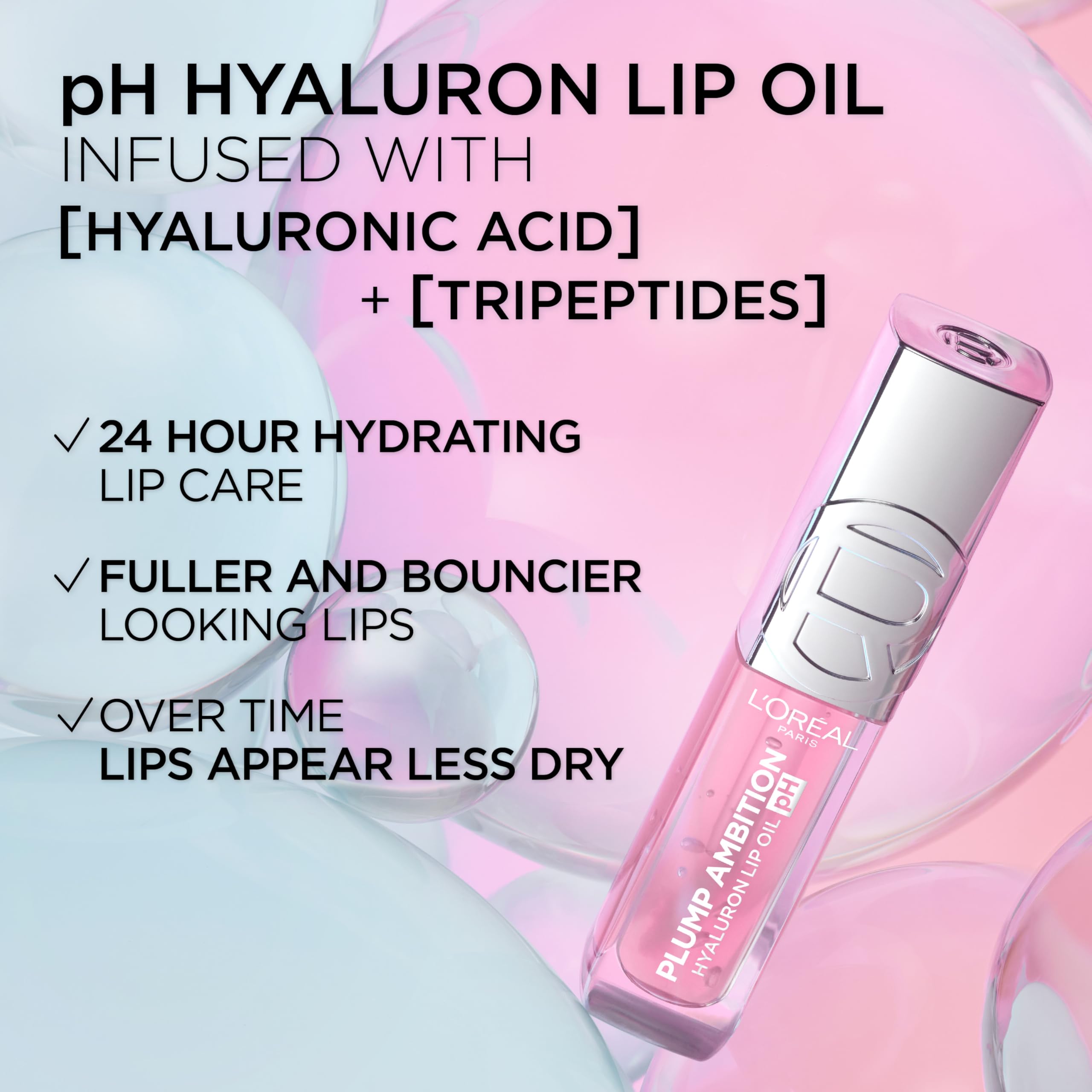 L'Oreal Paris Plump Ambition pH Hyaluron Lip Oil – 24HR Hydration, Color-Changing Shine, 050 Lilac