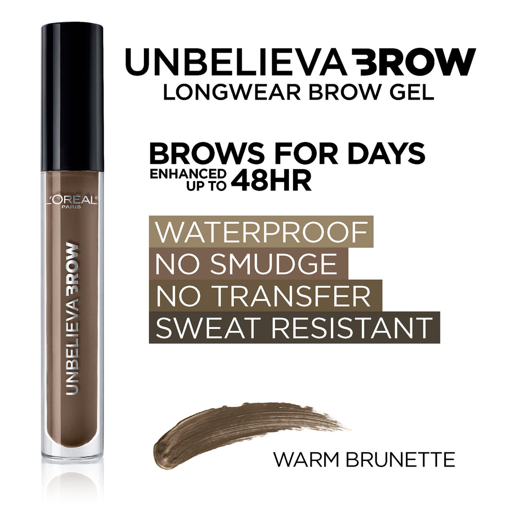 L'Oreal Paris Unbelieva-Brow Longwear Waterproof Tinted Brow Gel – Smudge-Proof Warm Brunette, 0.15 oz