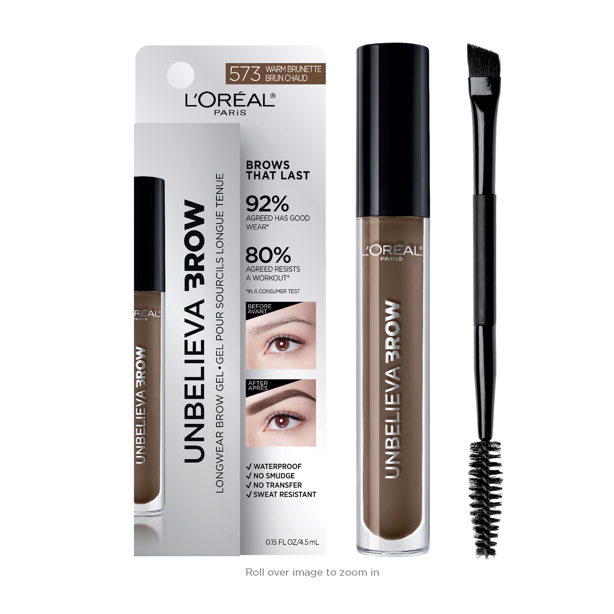 L'Oreal Paris Unbelieva-Brow Longwear Waterproof Tinted Brow Gel – Smudge-Proof Warm Brunette, 0.15 oz