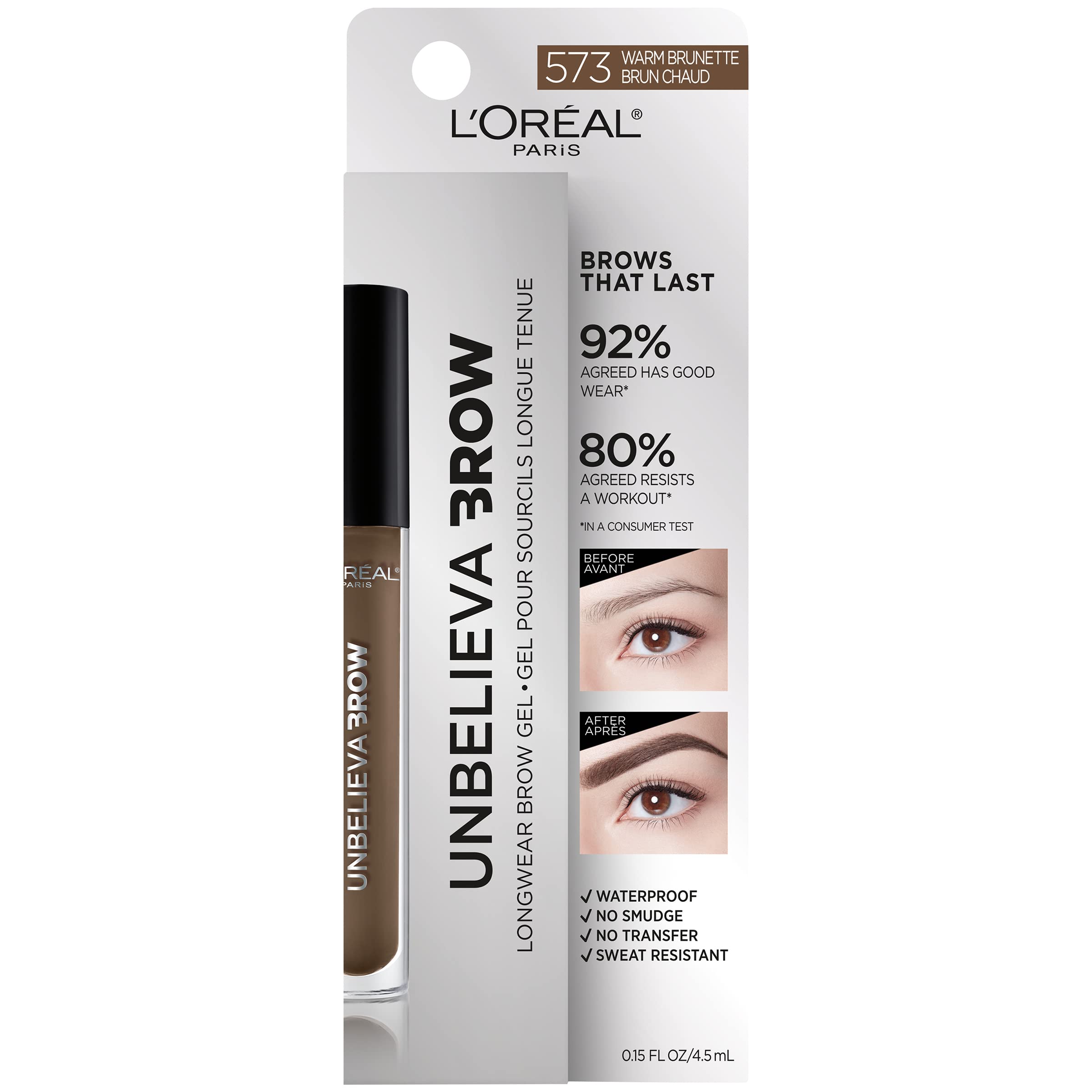 L'Oreal Paris Unbelieva-Brow Longwear Waterproof Tinted Brow Gel – Smudge-Proof Warm Brunette, 0.15 oz