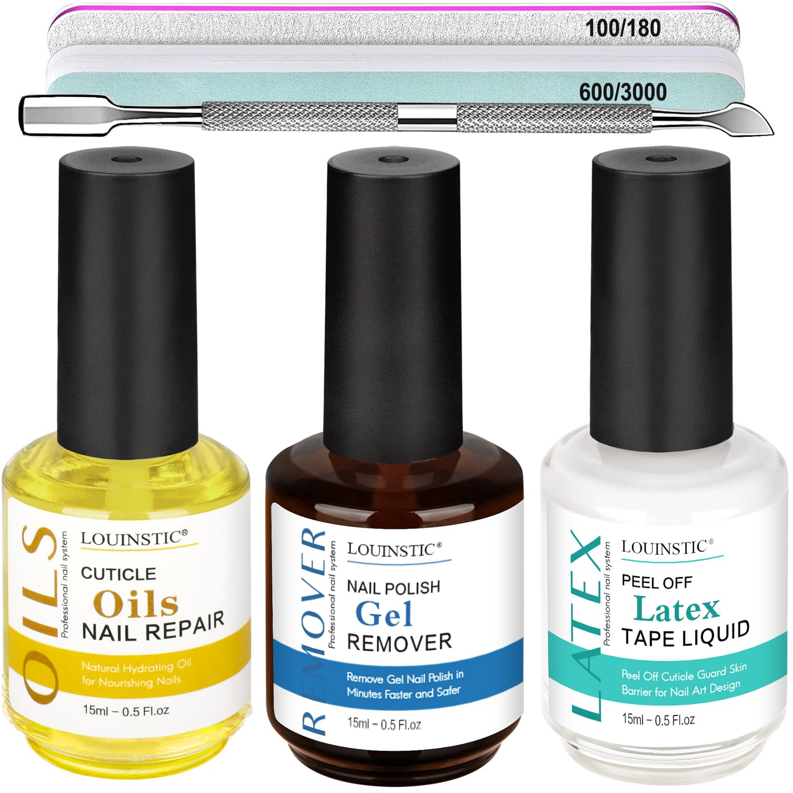 LOUINSTIC 3-in-1 Gel Nail Remover Kit – Acetone-Free, Low Odor, Peel-Off Latex, Cuticle Oil