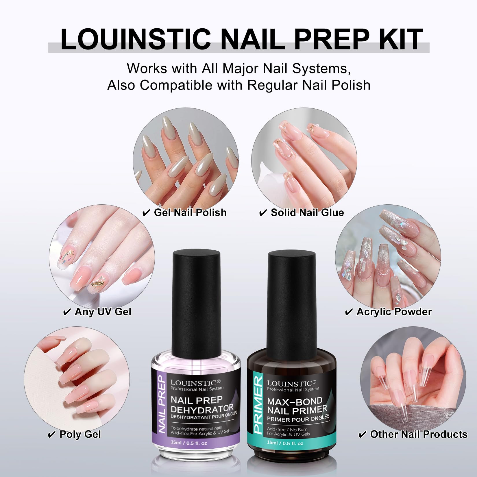 LOUINSTIC HEMA-Free Nail Dehydrator & Primer for Gel Polishes (2x15mL) with Chrome Powder