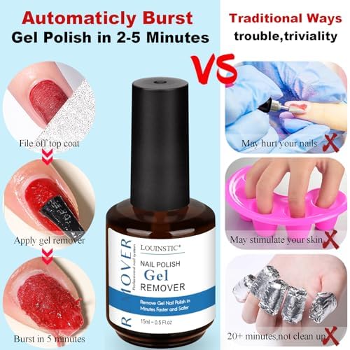 LOUINSTIC 2×15 ml Easy & Quick Gel Nail Remover Kit – Acetone-Free, No Soak, 2–5 Minute Removal