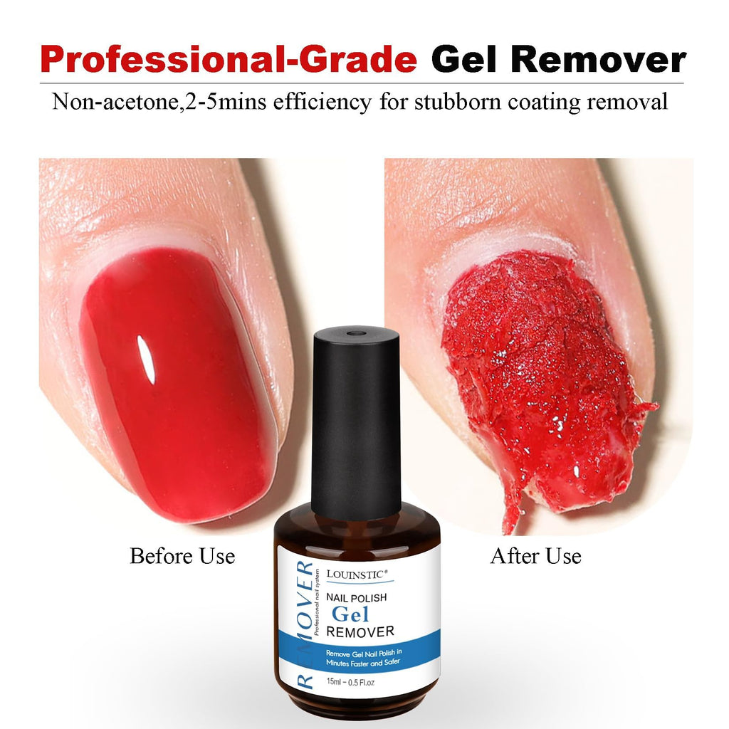 LOUINSTIC Gel Nail Polish Remover Kit – 2x15ml, Cuticle Pusher & Nail File