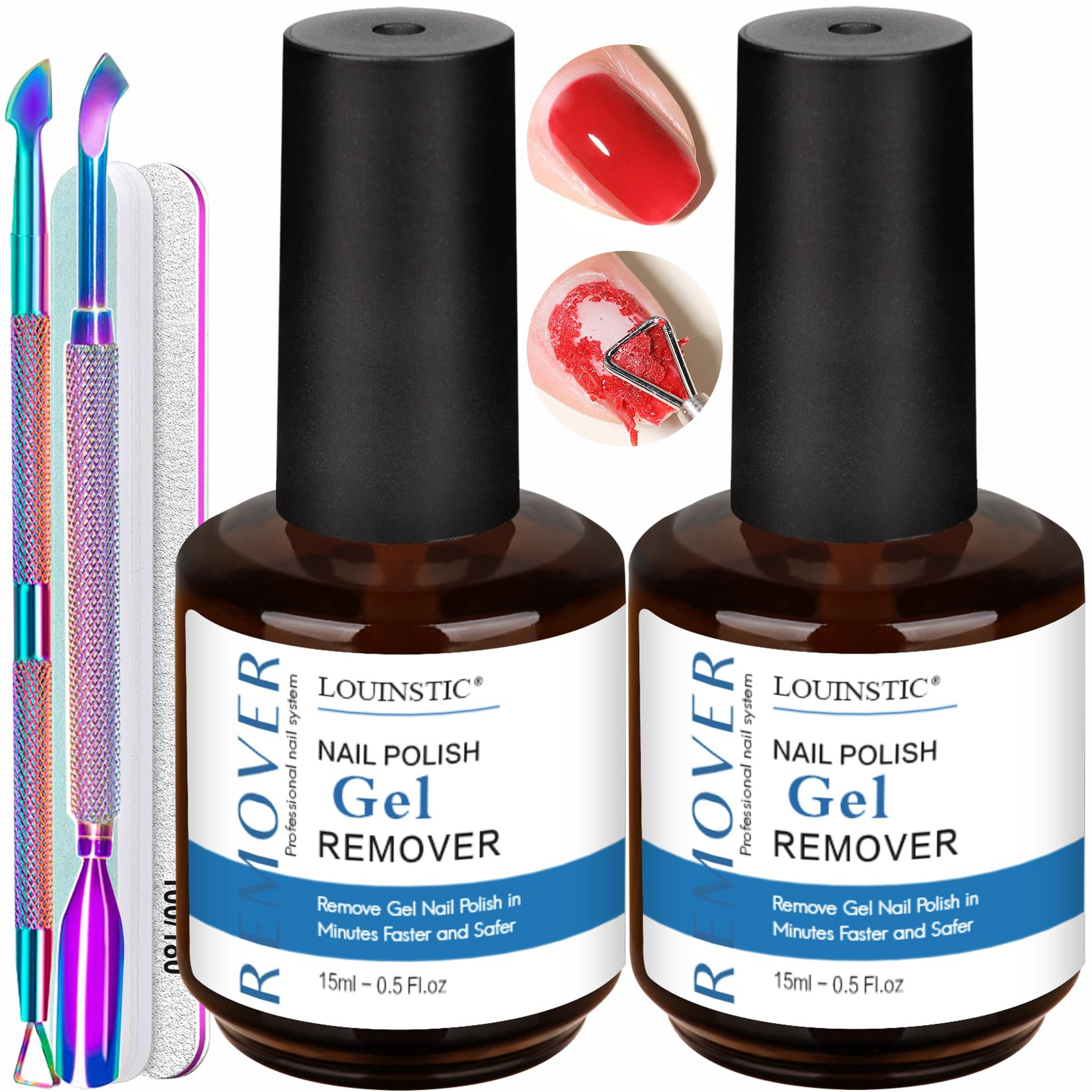 LOUINSTIC Gel Nail Polish Remover Kit – 2pcs Removers, Nail Pusher & Scraper, 2 Files, Quick 2–5 Minute Home Removal
