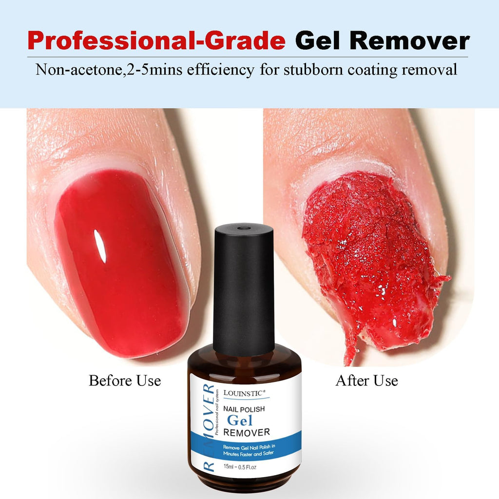 Louinstic Gel Polish Remover Kit – 45ml, Fast 2–5 Minute Gel Removal, Acetone-Free & Gentle, Includes 3 Bottles + 2 Files
