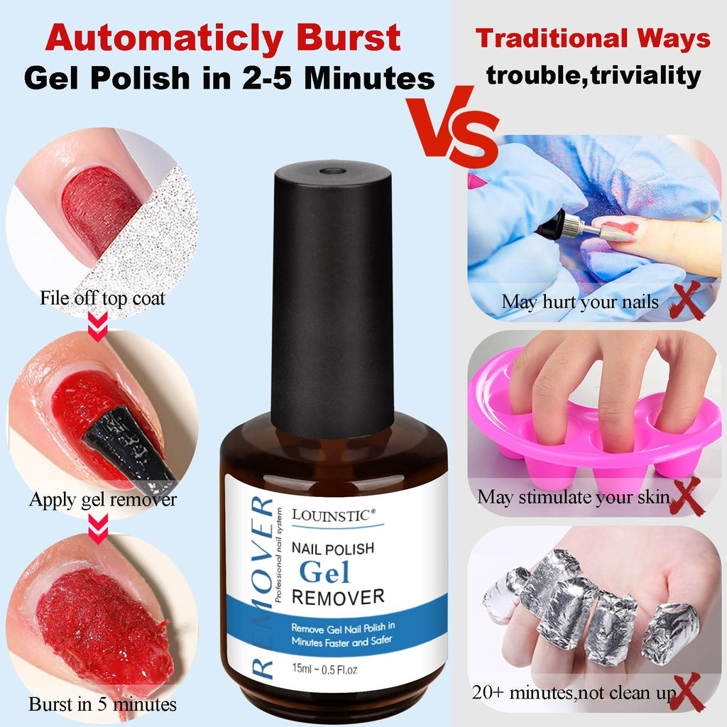 LOUINSTIC Gel Nail Polish Remover Kit – 3x15ml + Nail File | Gentle, Acetone-Free, Easy At-Home Removal