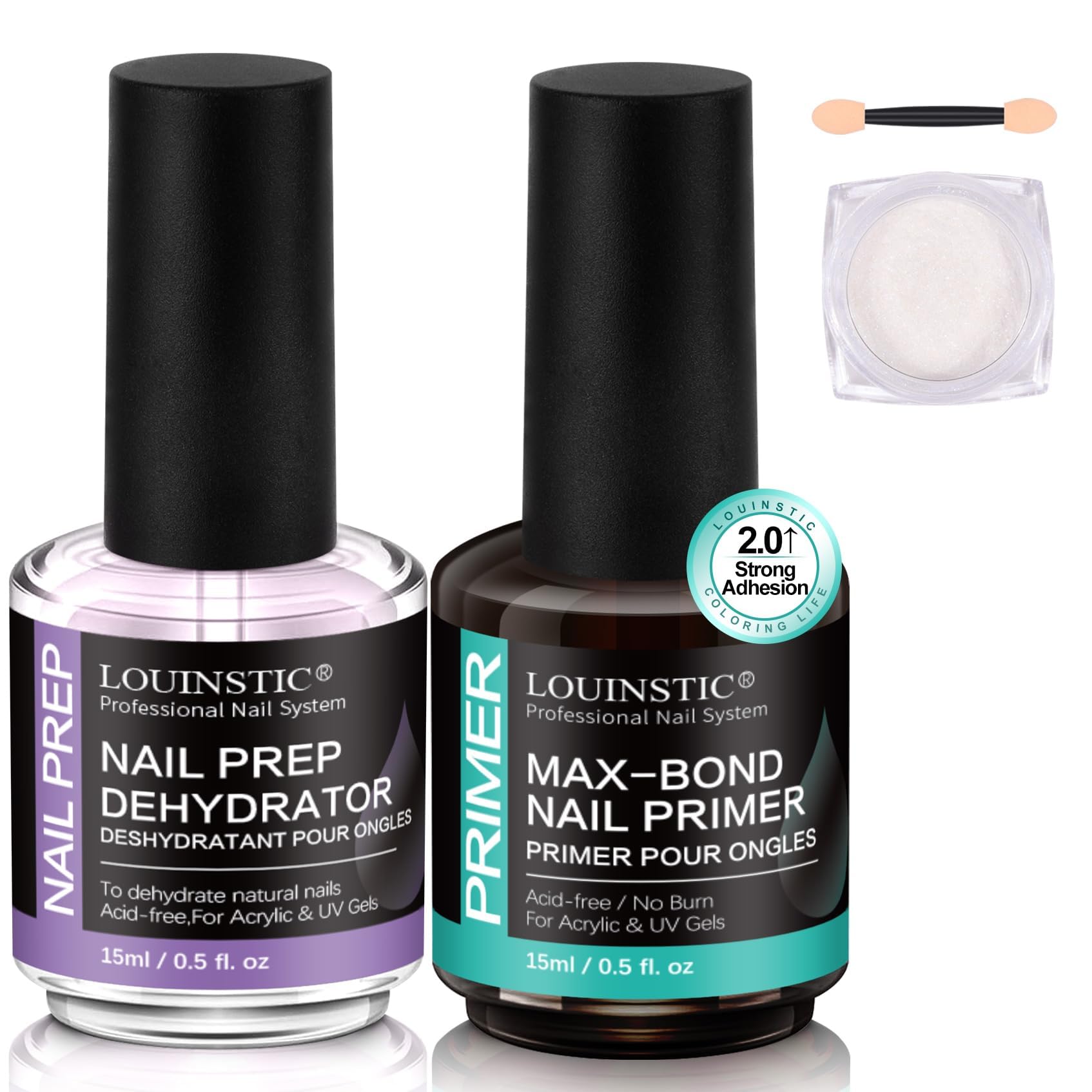 LOUINSTIC HEMA-Free Nail Dehydrator & Primer for Gel Polishes (2x15mL) with Chrome Powder