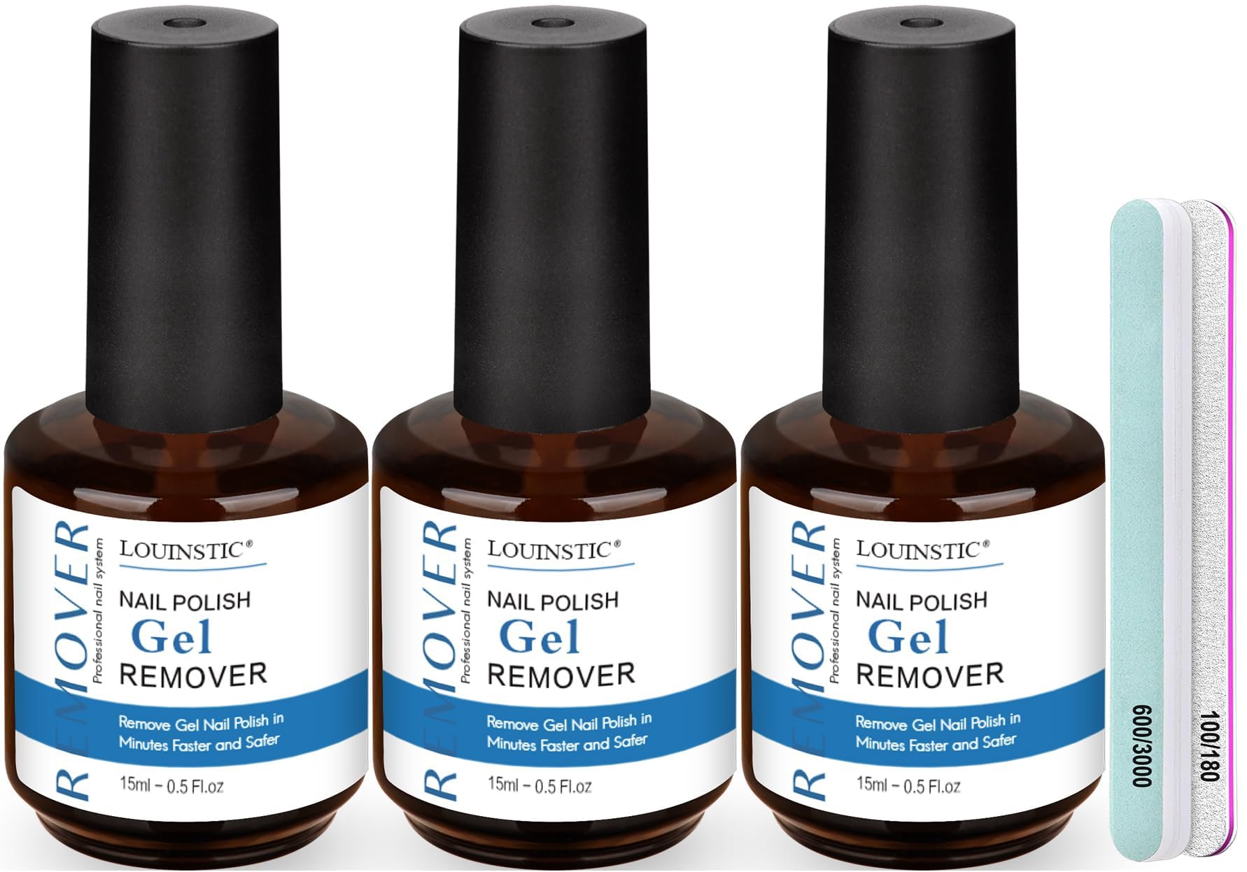 LOUINSTIC Gel Nail Polish Remover Kit – 3x15ml + Nail File | Gentle, Acetone-Free, Easy At-Home Removal