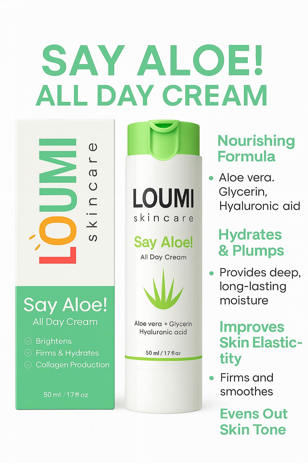 LOUMI Skincare Say Aloe All-Day Face Cream | Aloe Vera + Hyaluronic Acid Hydration | Vegan & Cruelty-Free