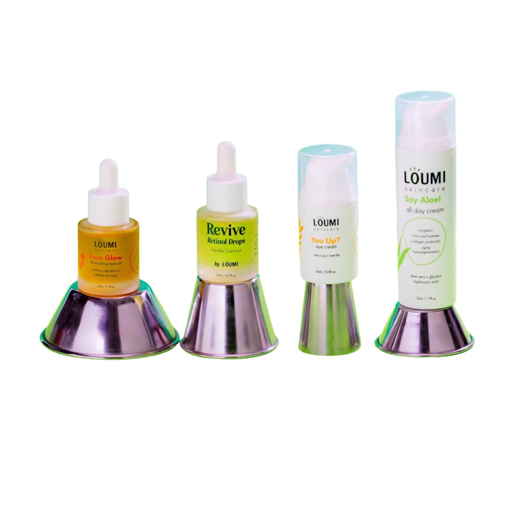 LOUMI Skincare The Glow Pack – Hydrating All Day Cream, You Up? Eye Cream, Rose Glow Oil, Revive Retinol Drops