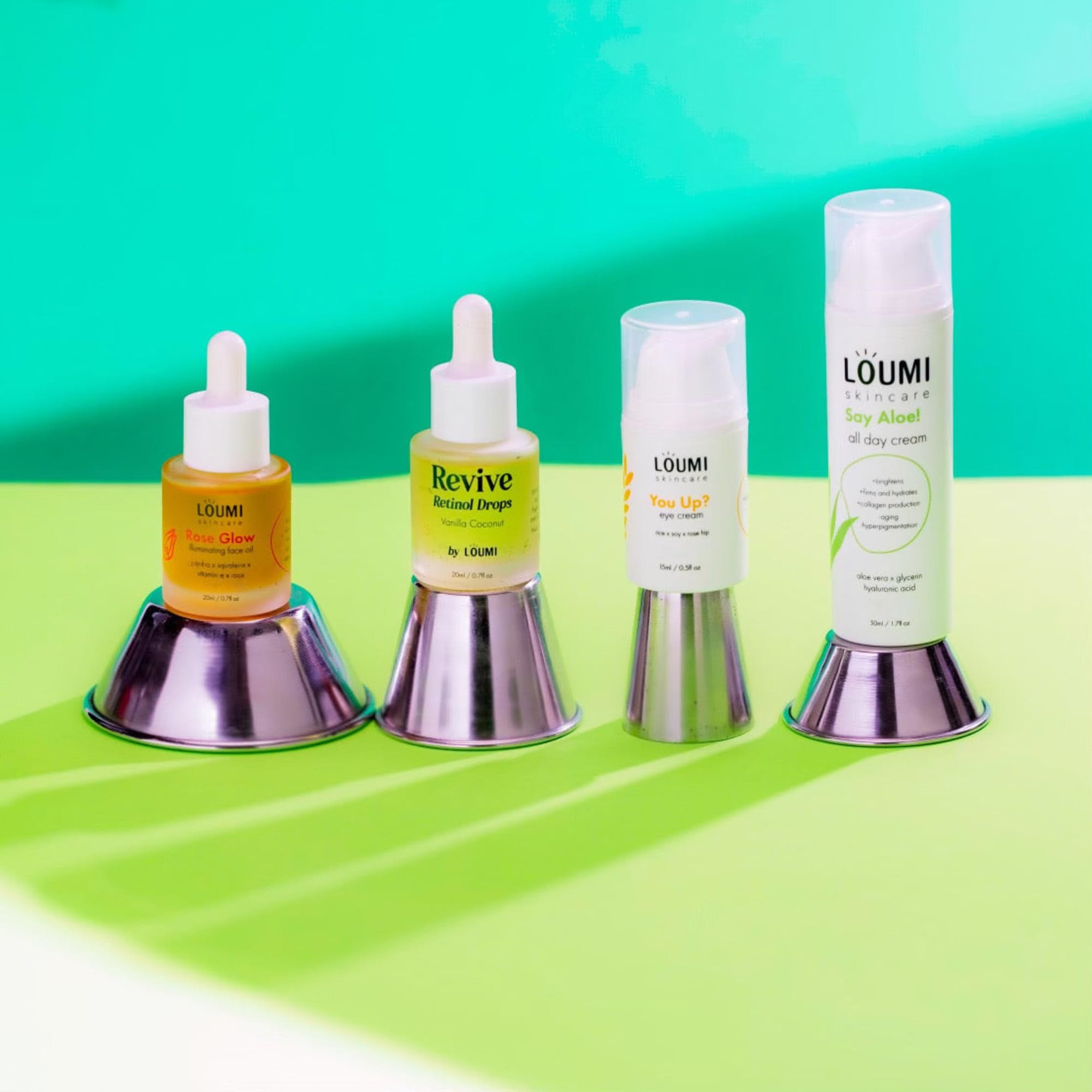 LOUMI Skincare The Glow Pack – Hydrating All Day Cream, You Up? Eye Cream, Rose Glow Oil, Revive Retinol Drops