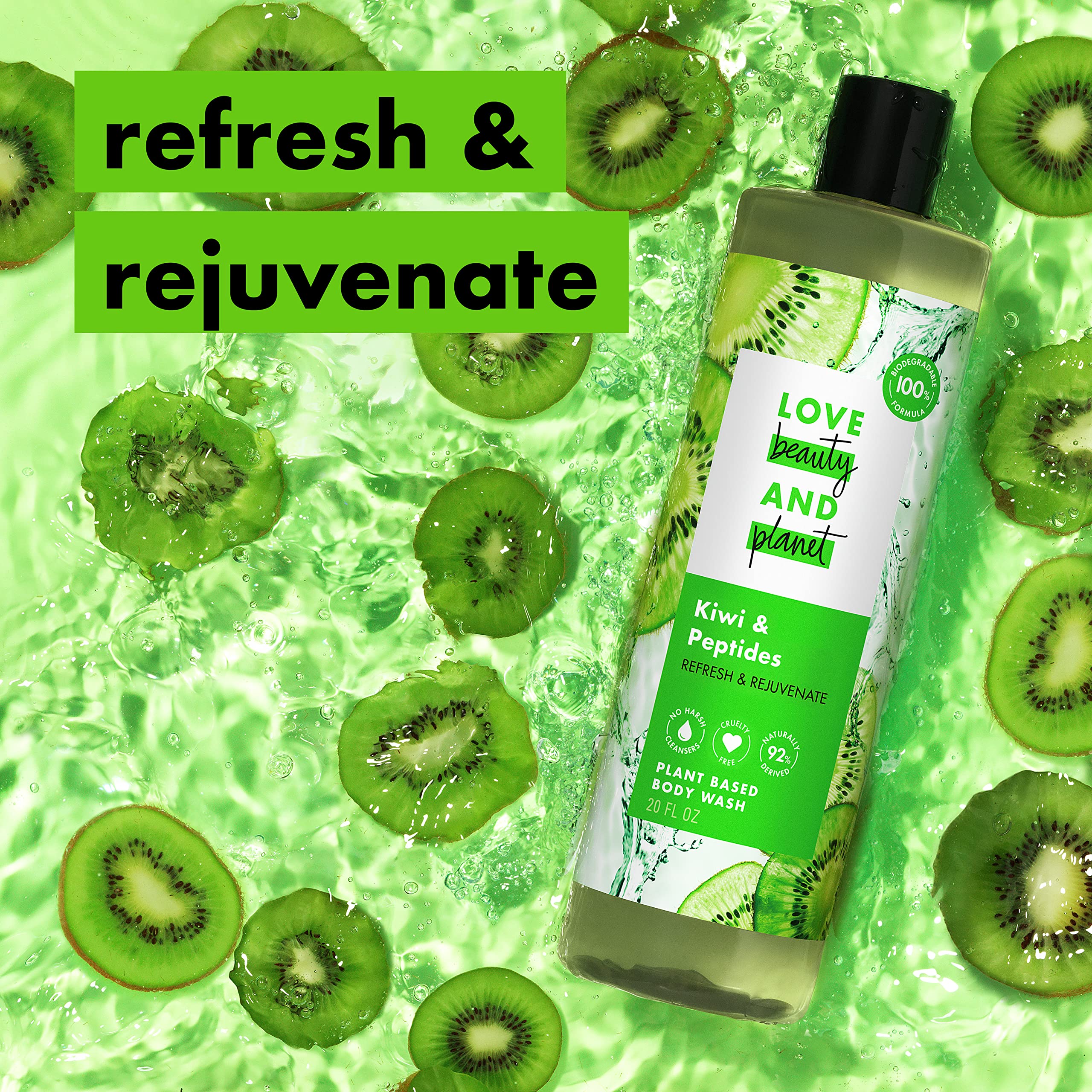 Love Beauty and Planet Kiwi & Peptides Plant-Based Body Wash – 20 fl oz | Biodegradable, Vegan, Sulfate-Free
