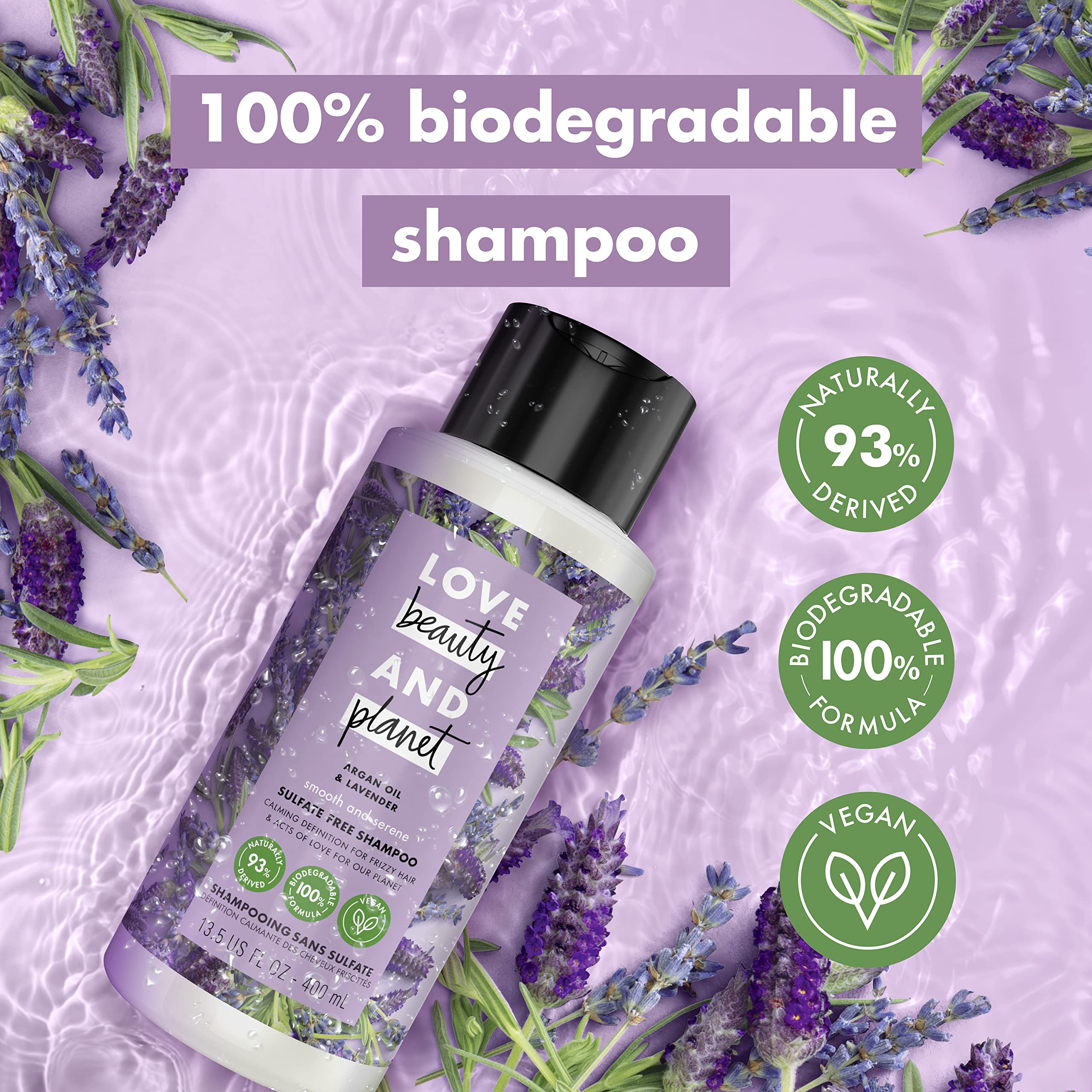 Love Beauty And Planet Smooth and Serene Argan Oil Shampoo – Frizz Control, Lavender, Sulfate Free, 13.5 oz