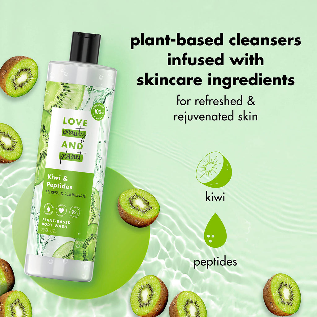 Love Beauty and Planet Kiwi & Peptides Plant-Based Body Wash – 20 fl oz | Biodegradable, Vegan, Sulfate-Free