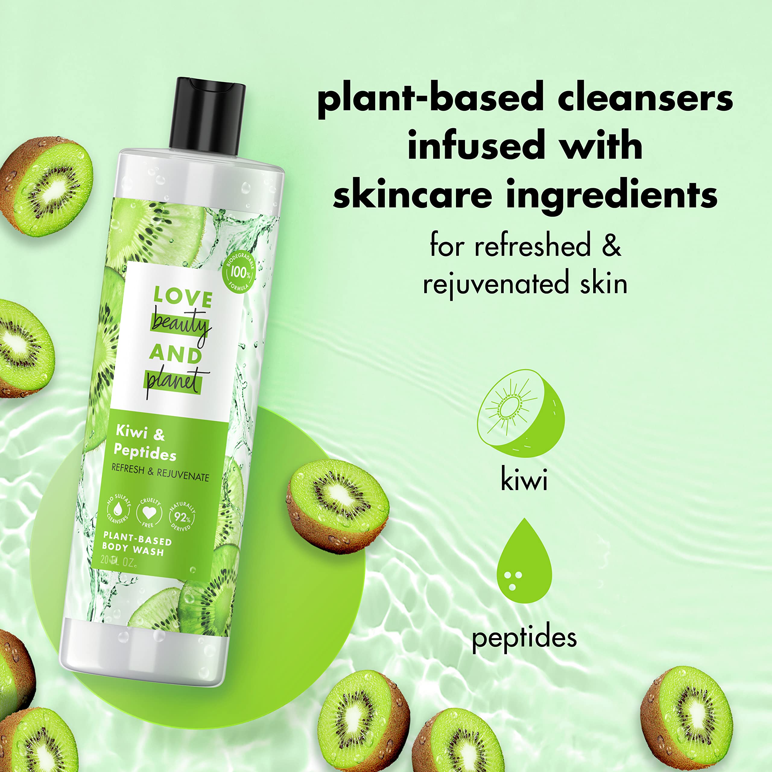 Love Beauty and Planet Kiwi & Peptides Plant-Based Body Wash – 20 fl oz | Biodegradable, Vegan, Sulfate-Free