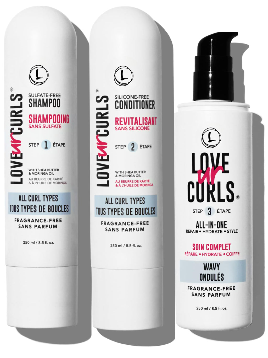 Love Ur Curls Fragrance-Free Wavy Hair 3-Step Set – Shampoo, Conditioner & Curl Cream (200 mL)