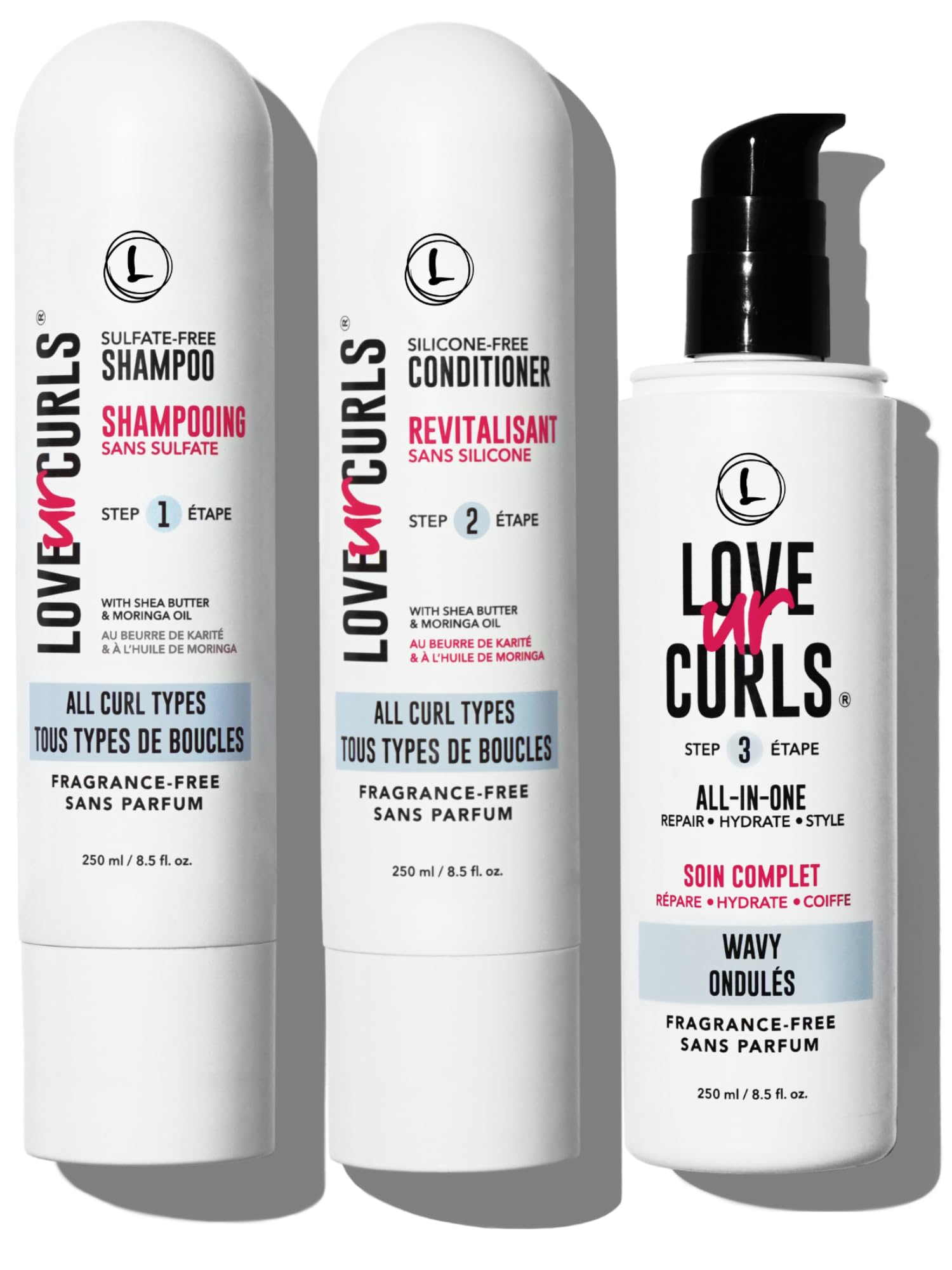 Love Ur Curls Fragrance-Free Wavy Hair 3-Step Set – Shampoo, Conditioner & Curl Cream (200 mL)