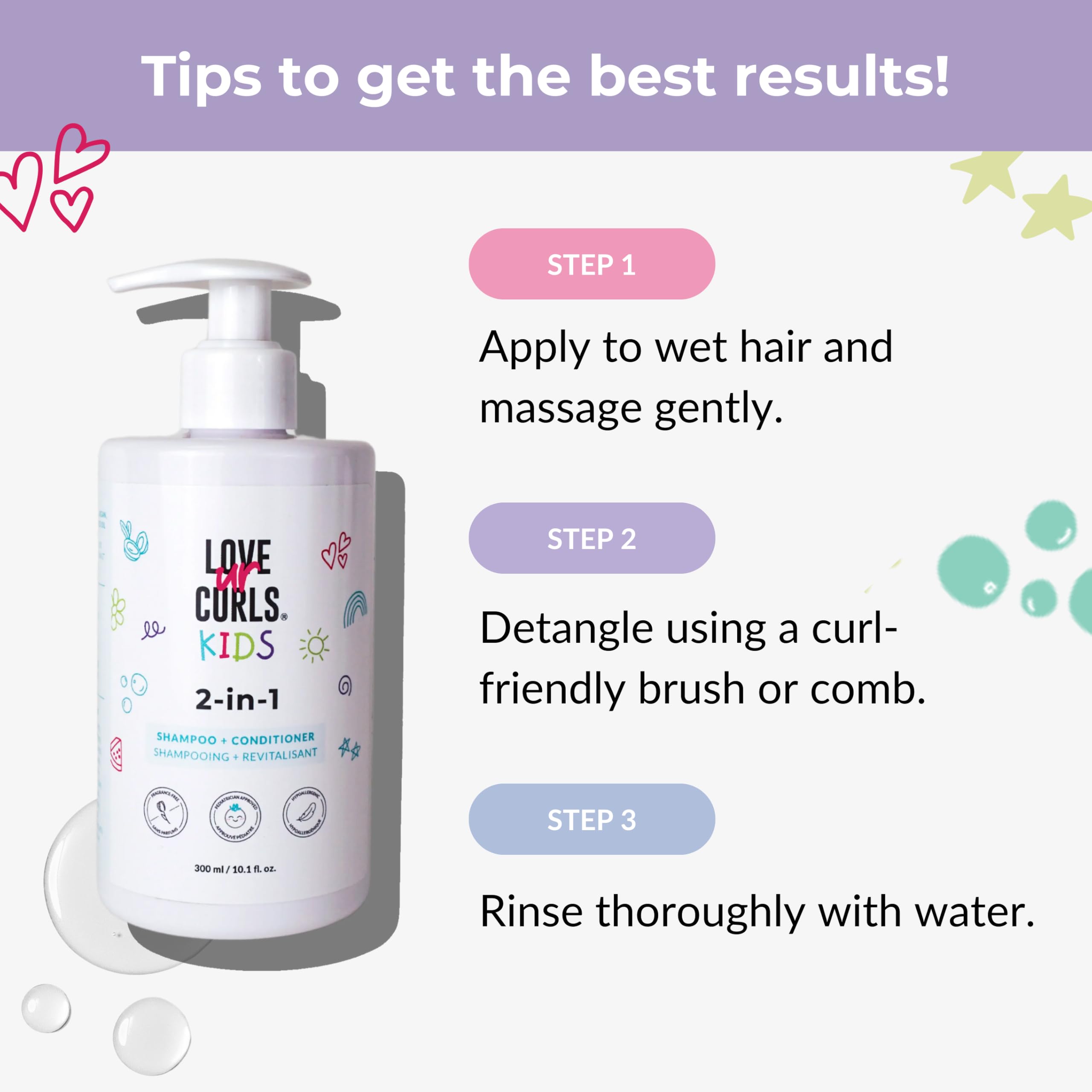 Love Ur Curls Kids LUCK 2in1 Shampoo & Conditioner – Fragrance Free, Tear Free, Pediatrician Approved, Sulfate & Paraben Free, 300 mL