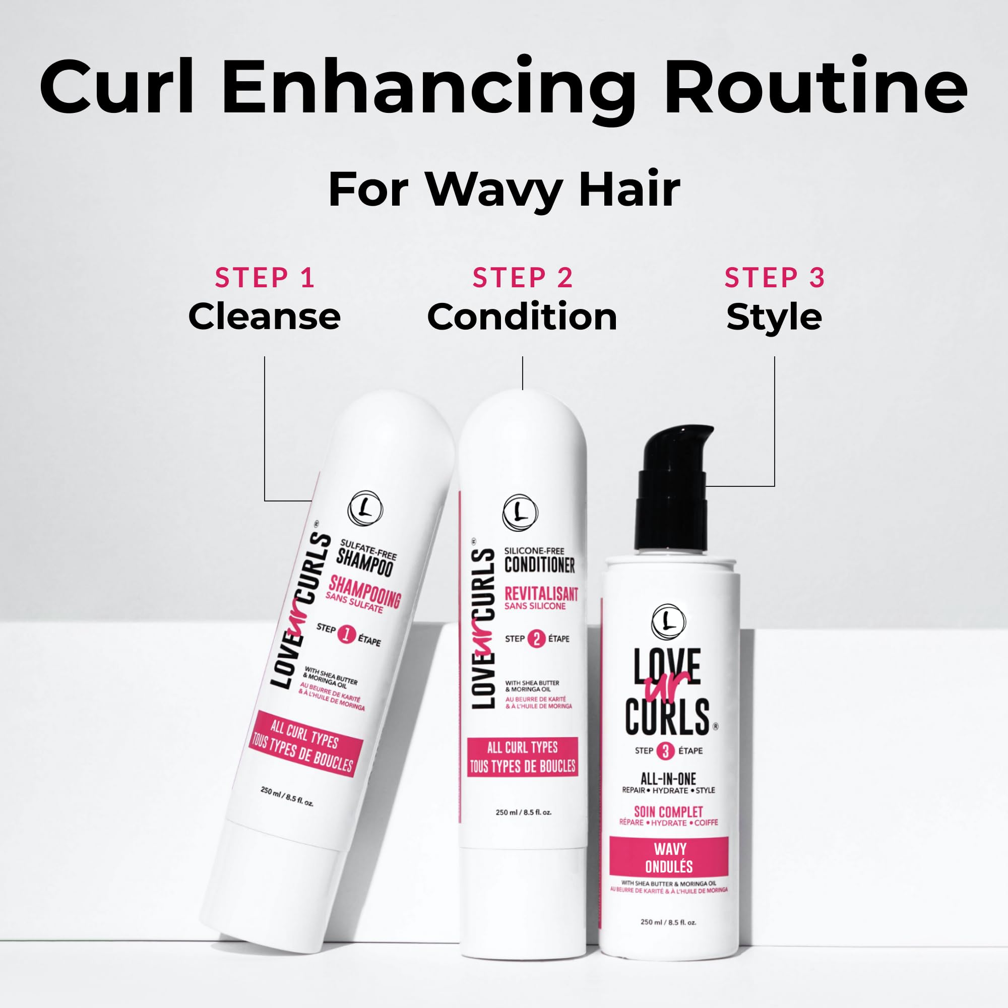 Love Ur Curls - 3-Step Shampoo & Conditioner Set with All-in-One Curl Styler for Wavy Hair