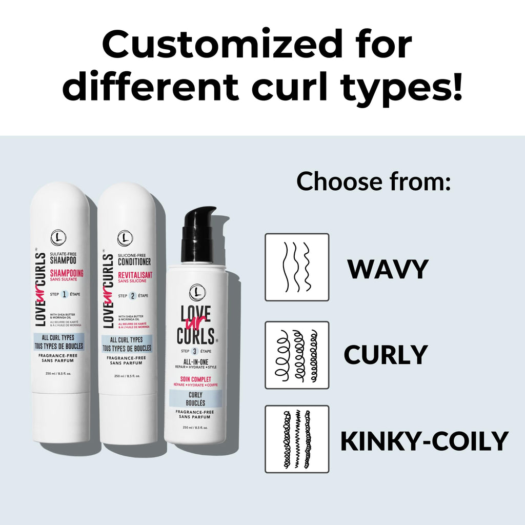 Love Ur Curls Fragrance-Free Shampoo & Conditioner Set with All-in-One Curl Styler | 3-Step Curl System (200 mL)