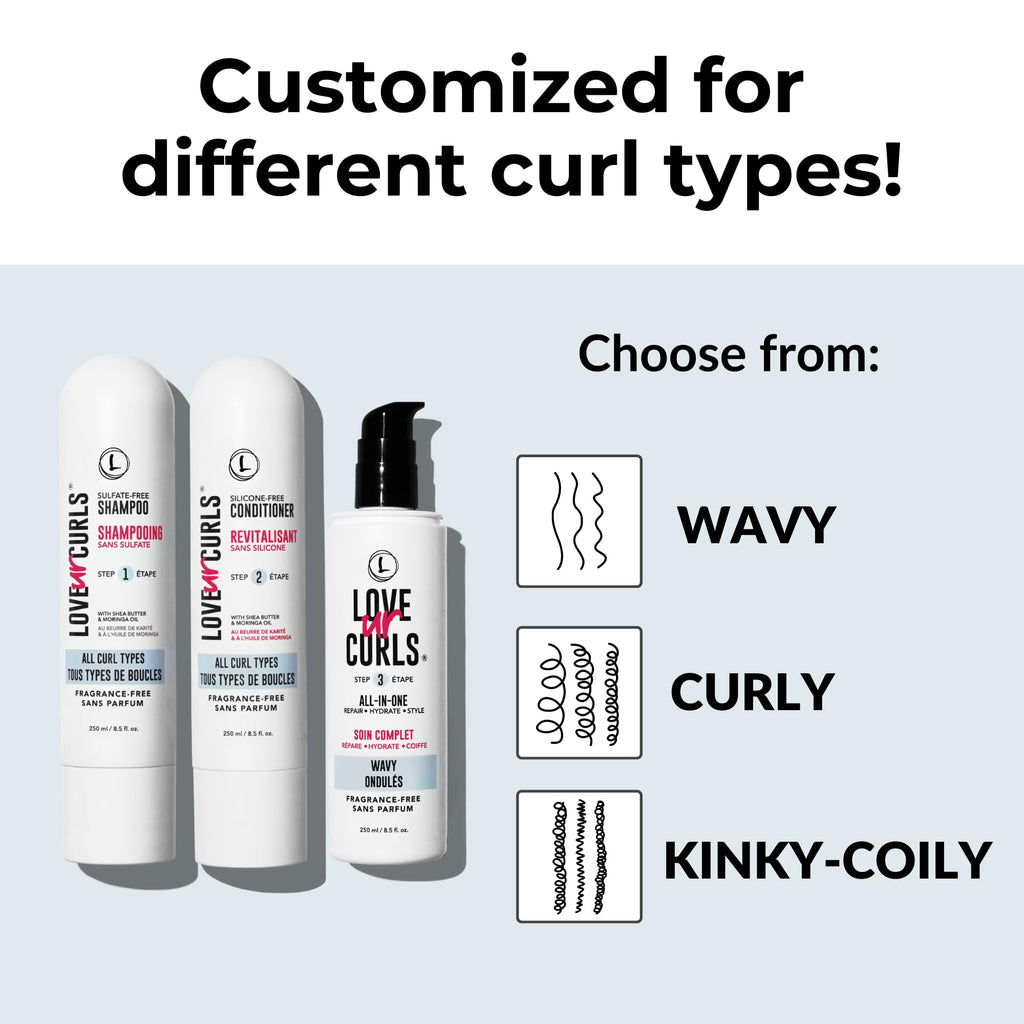 Love Ur Curls Fragrance-Free Wavy Hair 3-Step Set – Shampoo, Conditioner & Curl Cream (200 mL)