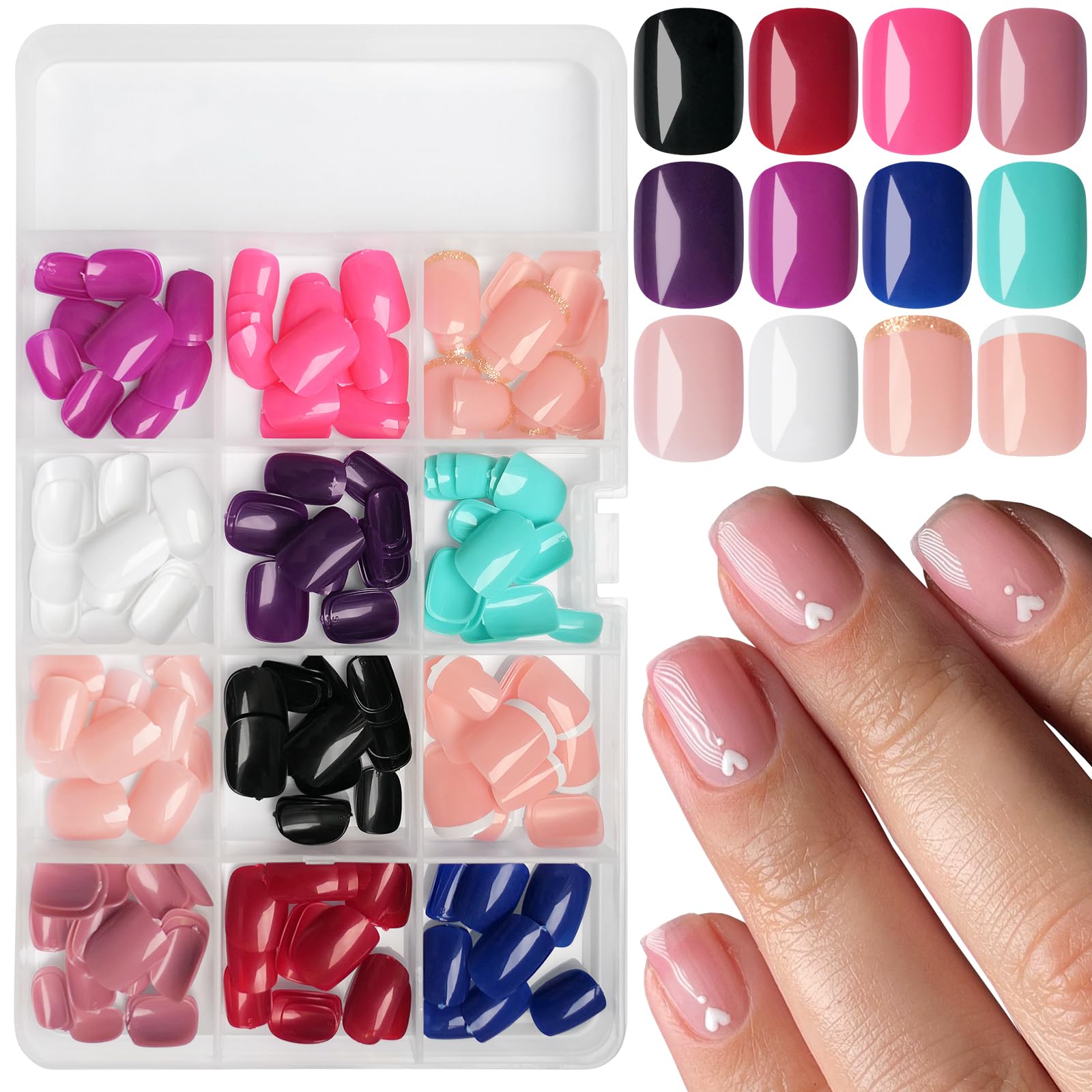 LoveOurHome 288pc Round Square Press-On Nails Kit – Short, Durable Glue-On Nails