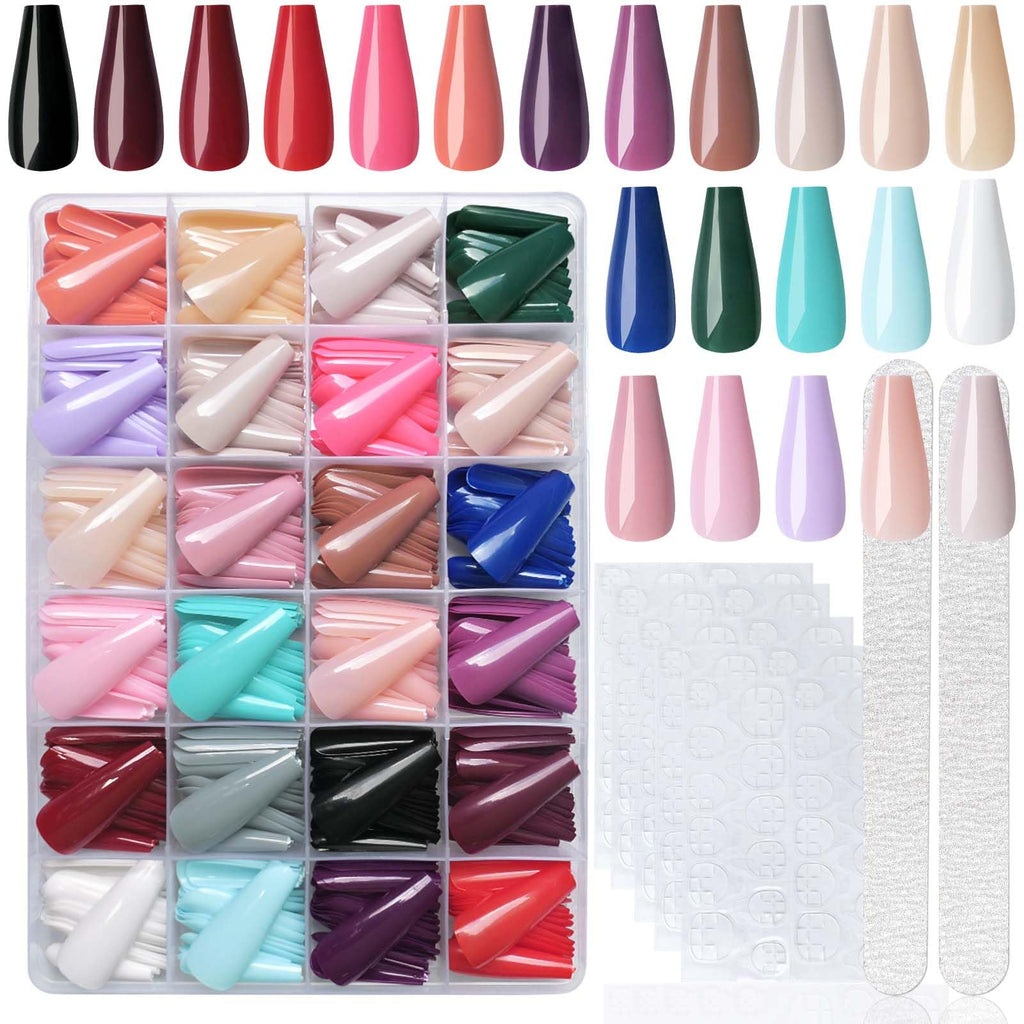 LoveOurHome 576pc Coffin Press-On Nails – Long Full-Citn Cover Ballerina Tips in 24 Glossy Colors
