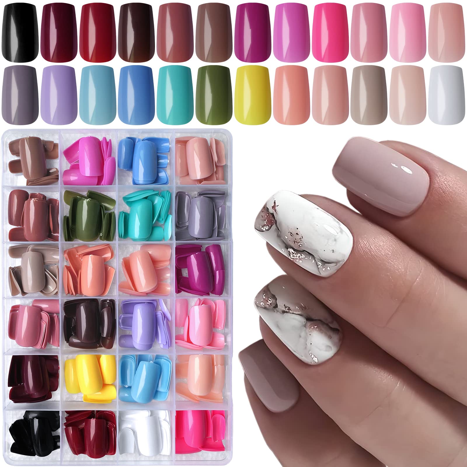 LoveOurHome 576pc Square Press-On Nails – Medium Length, Glue Tabs, 24 Colors