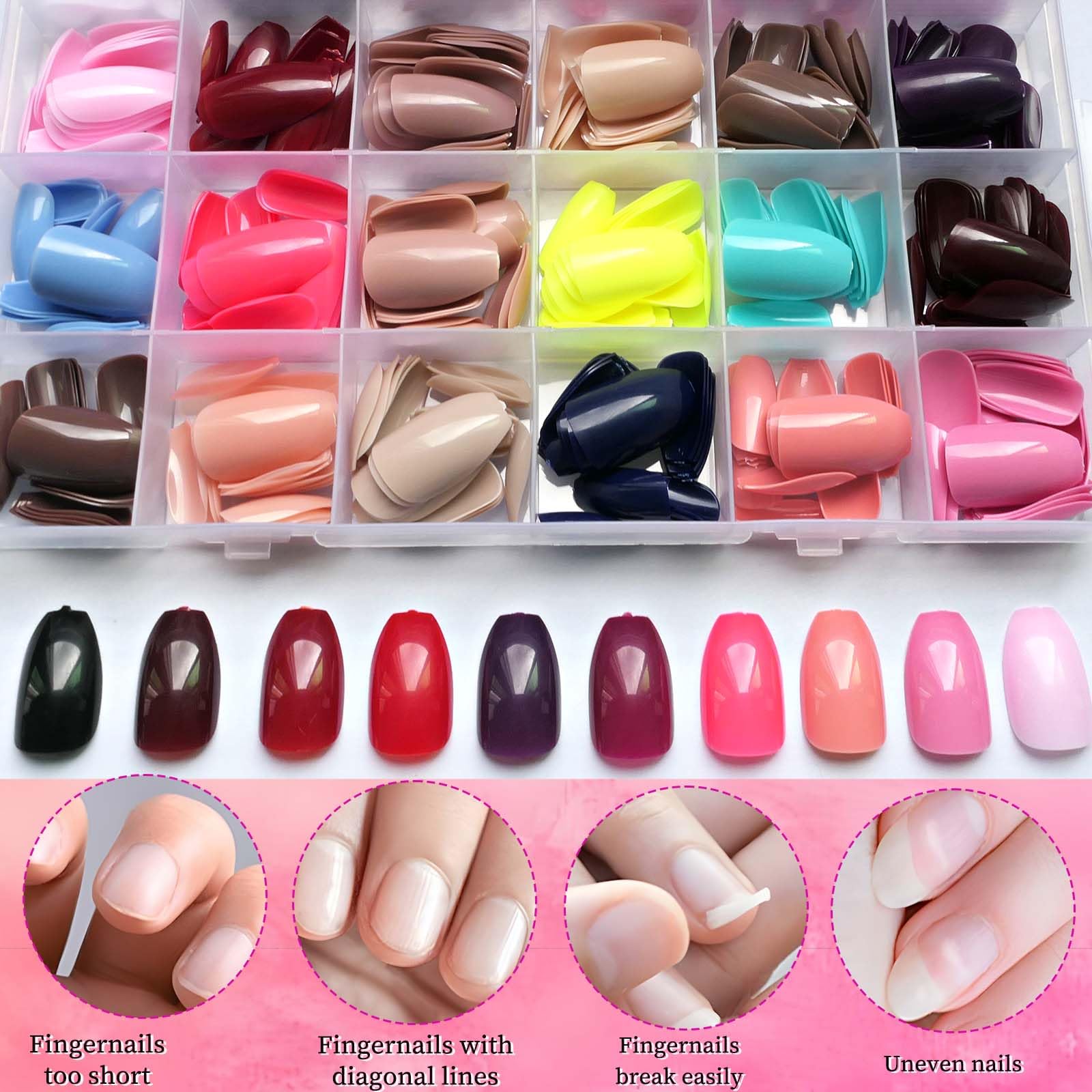 LoveOurHome 576pc Coffin Press On Nails – Short Full-Cover, 24 Glossy Colors, 10 Sizes