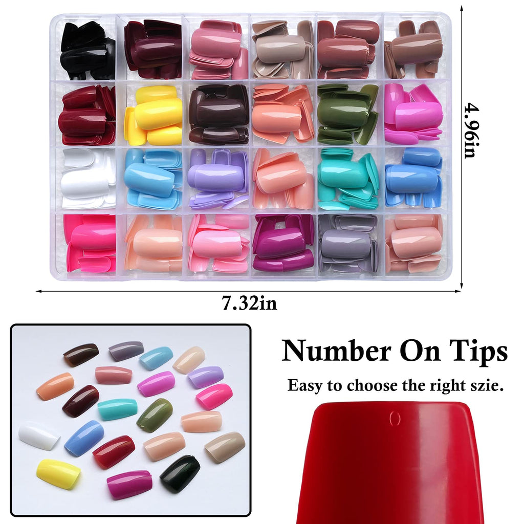 LoveOurHome 576pc Square Press-On Nails – Medium Length, Glue Tabs, 24 Colors