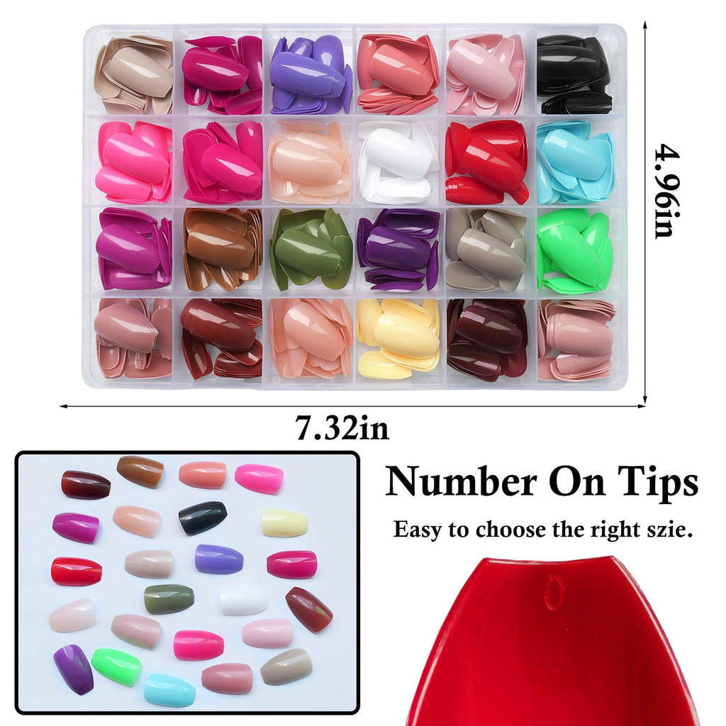 LoveOurHome 576pc Coffin Press-On Nails Set | Short Full-Cover Ballerina Nails with Glue Tabs
