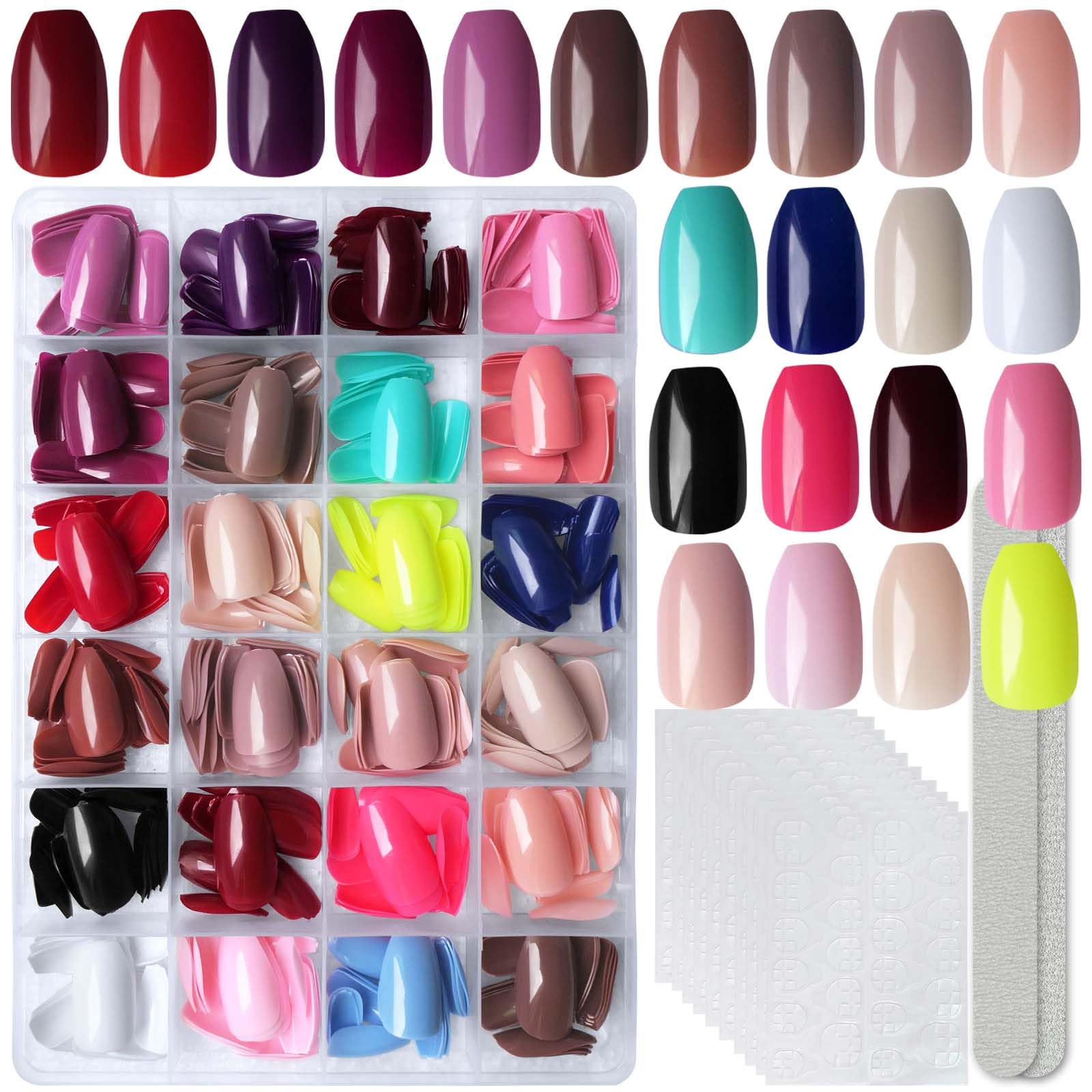 LoveOurHome 576pc Coffin Press On Nails – Short Full-Cover, 24 Glossy Colors, 10 Sizes