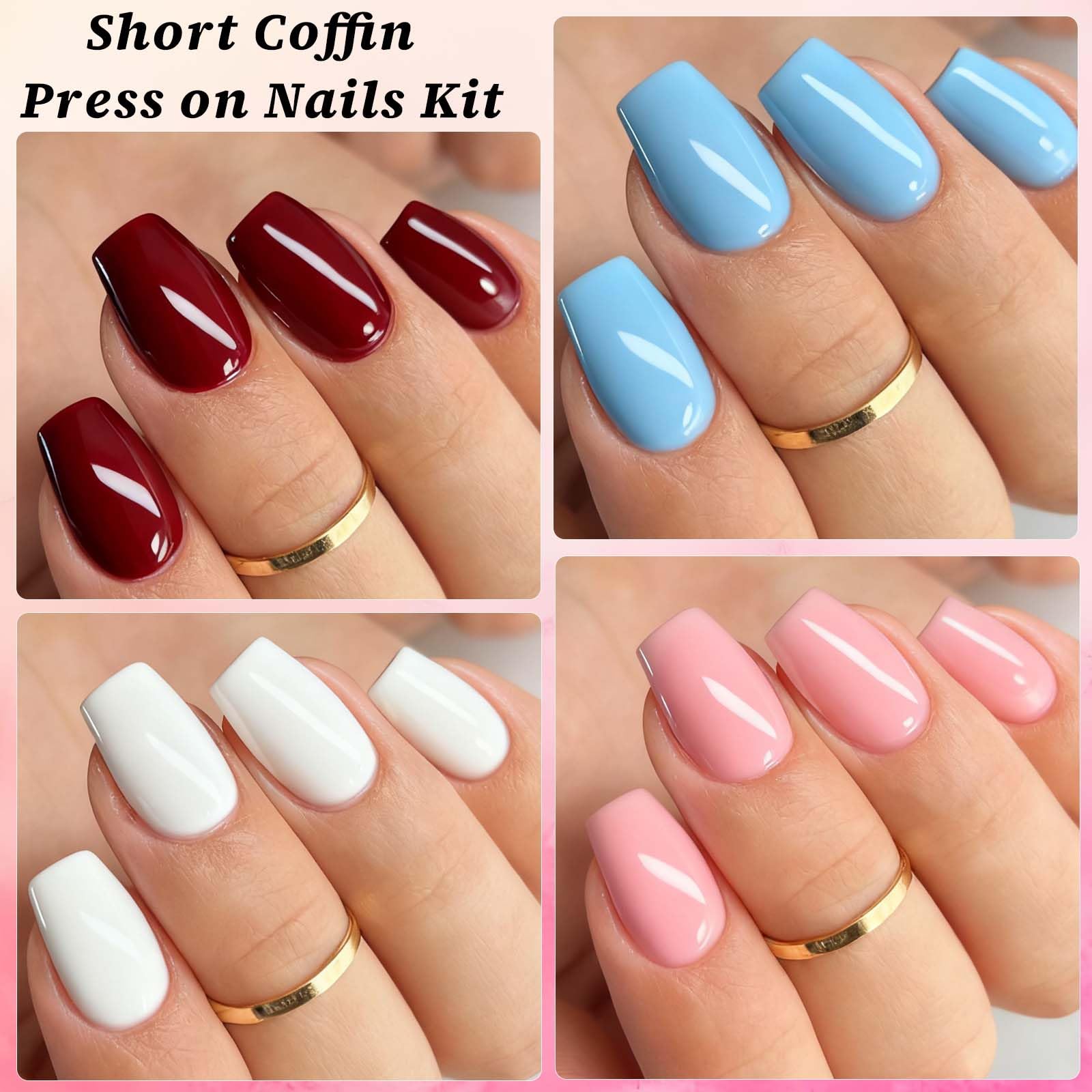 LoveOurHome 576pc Coffin Press On Nails – Short Full-Cover, 24 Glossy Colors, 10 Sizes
