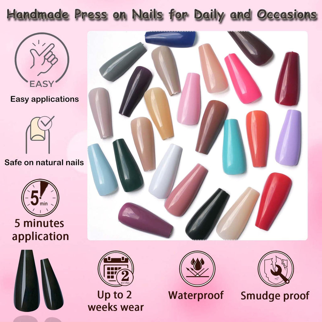LoveOurHome 576pc Coffin Press-On Nails – Long Full-Citn Cover Ballerina Tips in 24 Glossy Colors