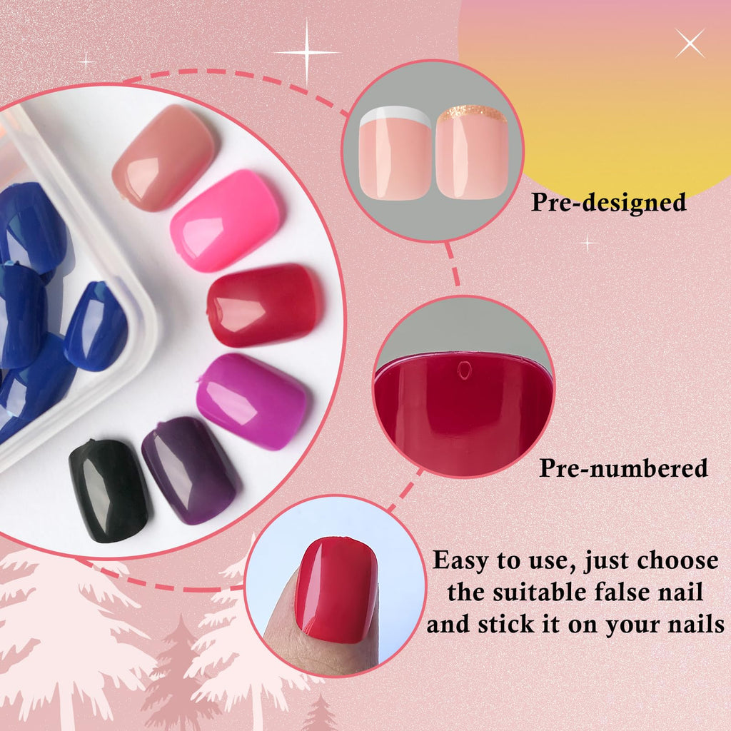 LoveOurHome 288pc Round Square Press-On Nails Kit – Short, Durable Glue-On Nails