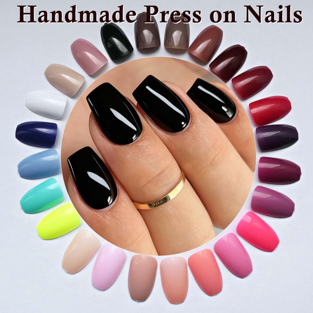 LoveOurHome 576pc Coffin Press On Nails – Short Full-Cover, 24 Glossy Colors, 10 Sizes