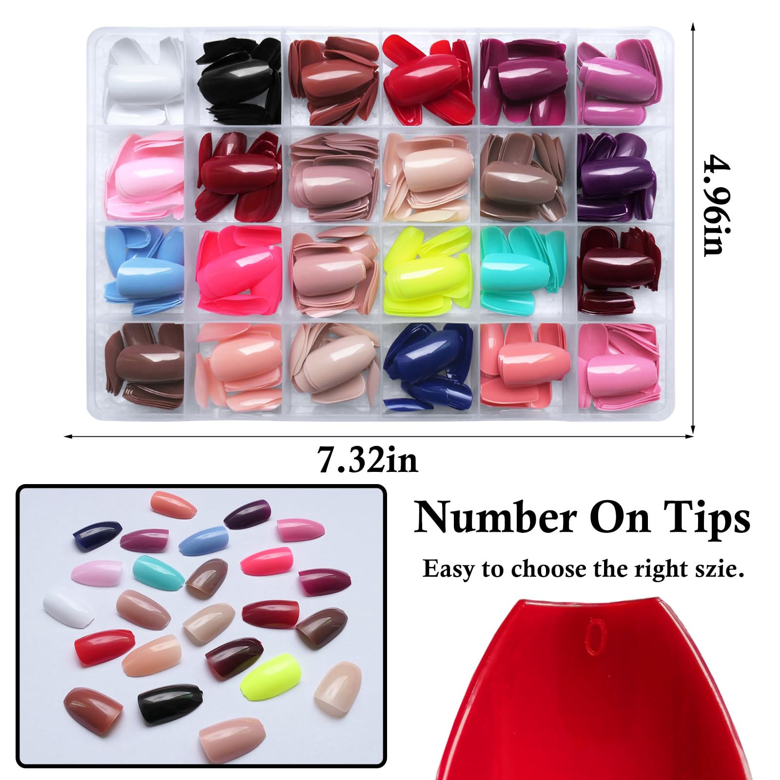 LoveOurHome 576pc Coffin Press On Nails – Short Full-Cover, 24 Glossy Colors, 10 Sizes