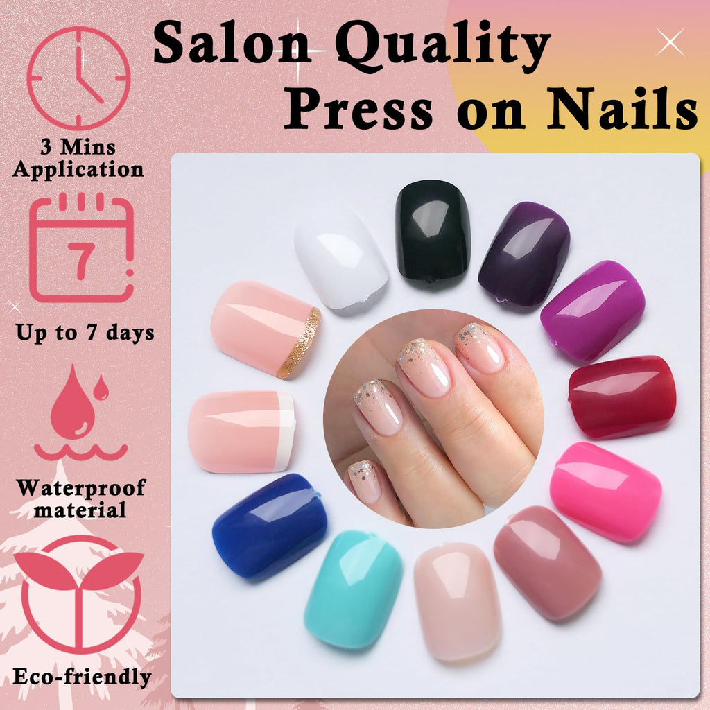 LoveOurHome 288pc Round Square Press-On Nails Kit – Short, Durable Glue-On Nails