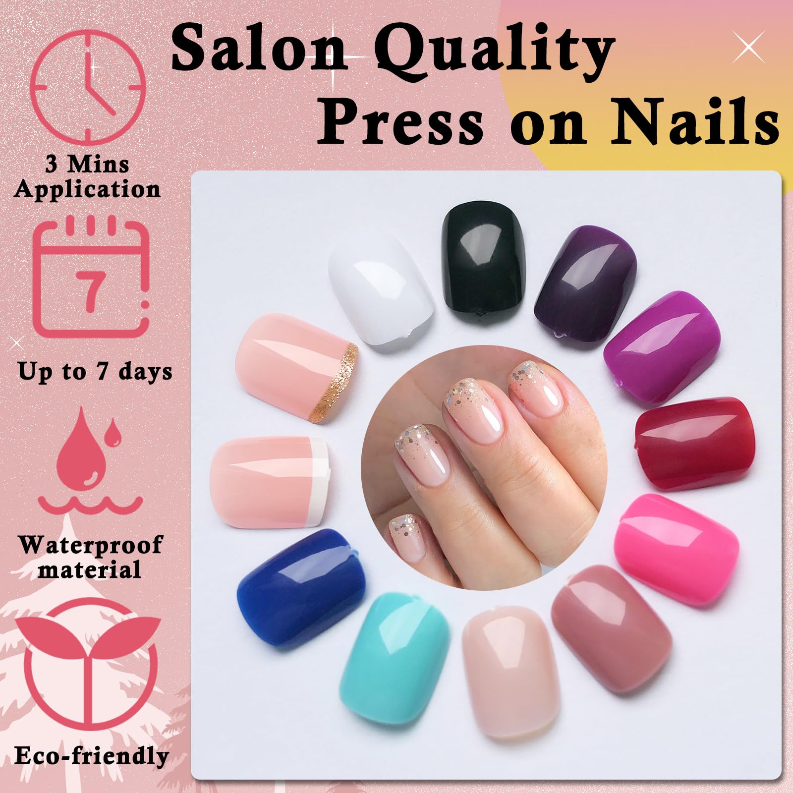 LoveOurHome 288pc Round Square Press-On Nails Kit – Short, Durable Glue-On Nails