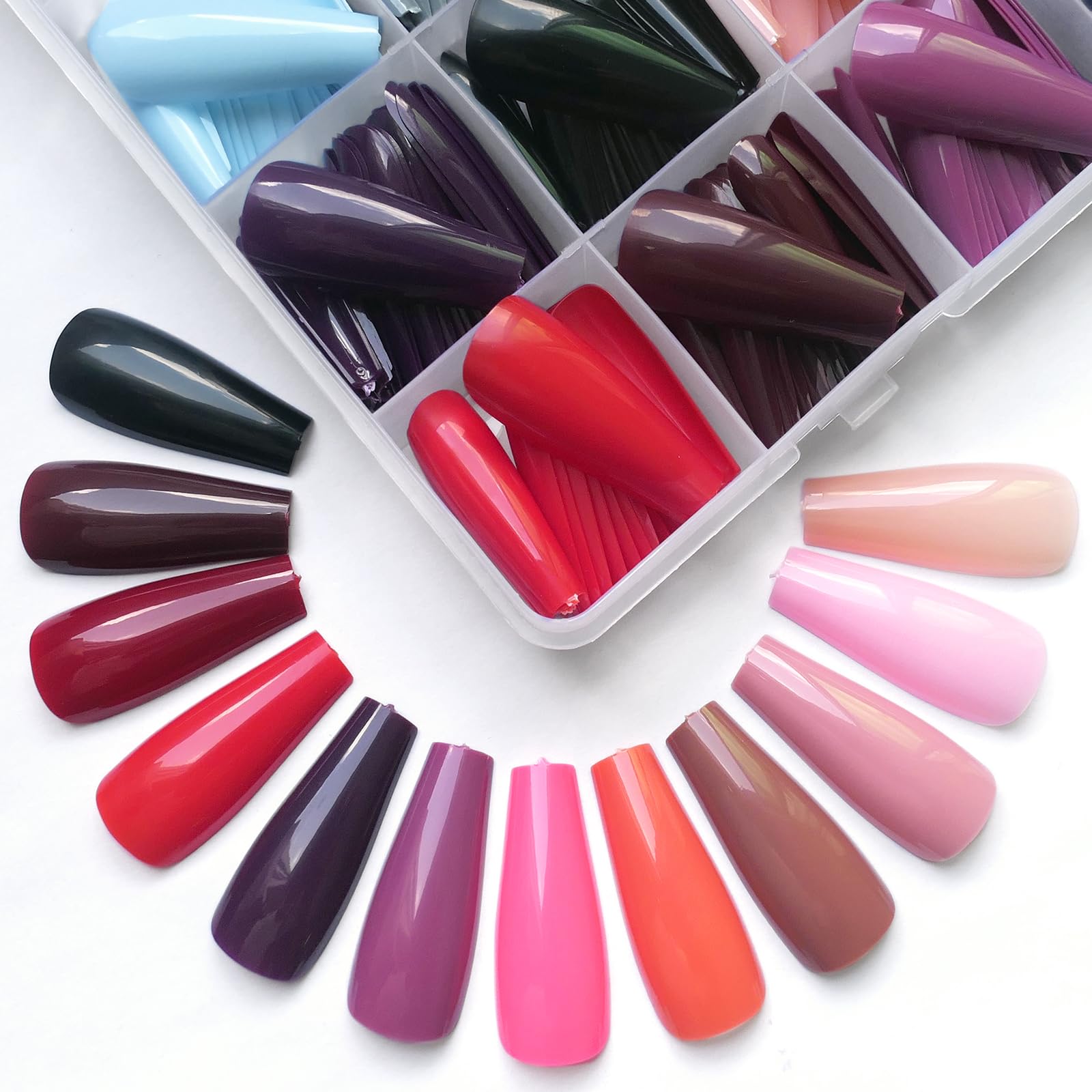 LoveOurHome 576pc Coffin Press-On Nails – Long Full-Citn Cover Ballerina Tips in 24 Glossy Colors
