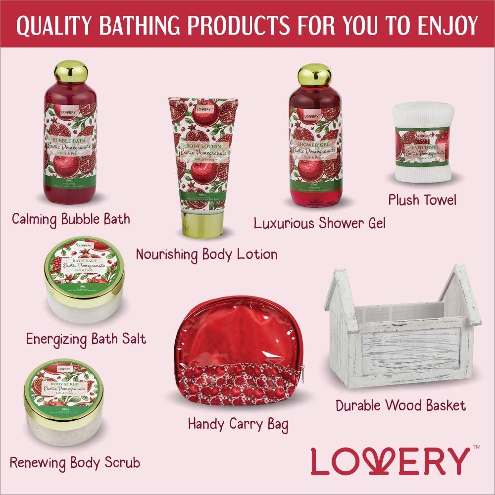 LOVERY Birthday Spa Gift Basket – 8pc Home Spa Set with Exotic Pomegranate
