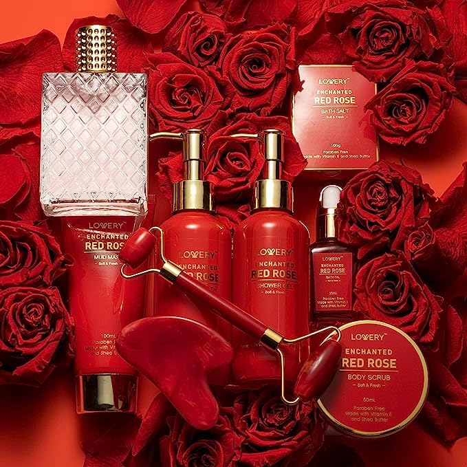 LOVERY Valentines Day Gifts for Her – Red Rose Spa Gift Set with Perfume, Jade Roller & Gua Sha